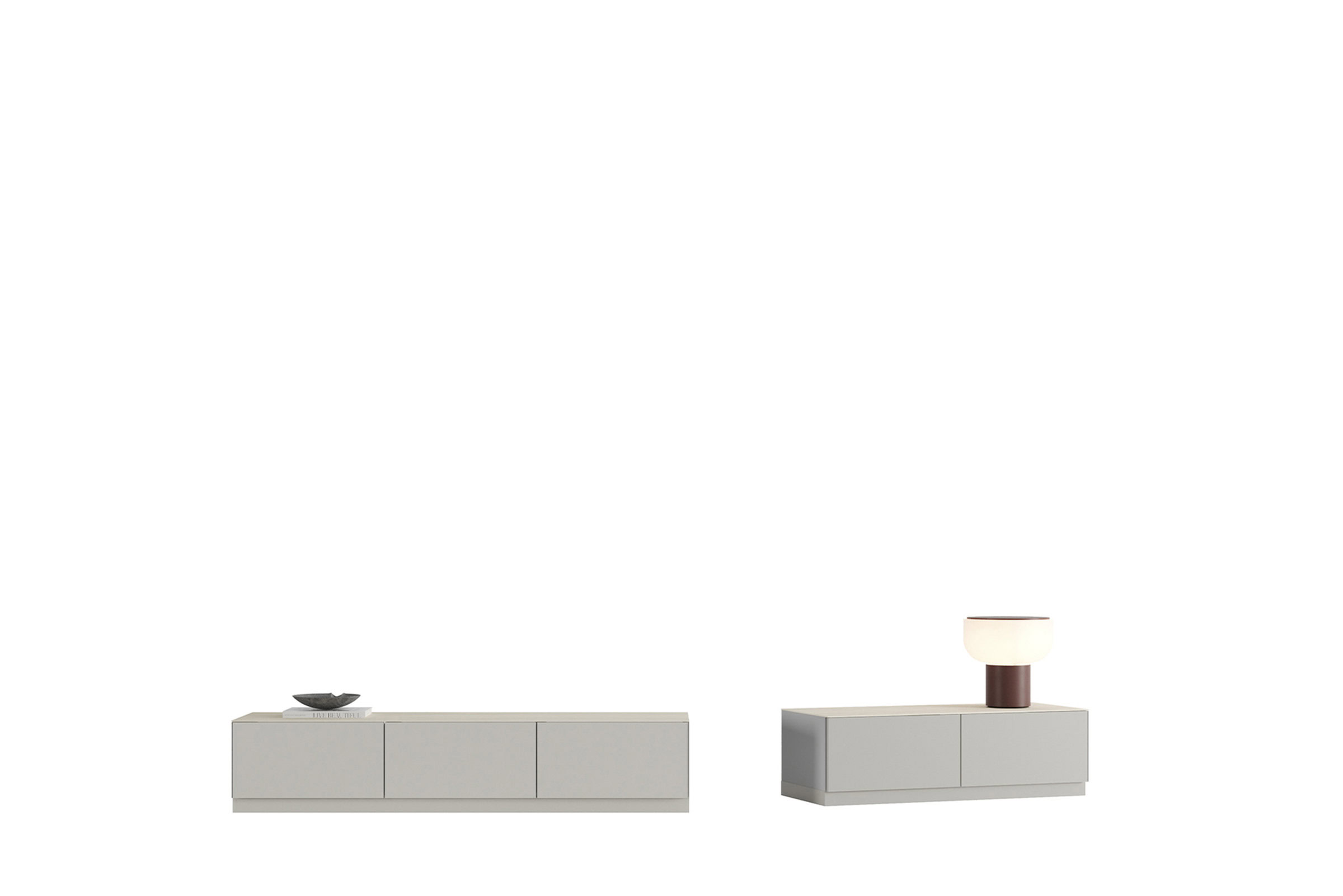 Console de divertisment moderne, elegante, în alb și bej, cu linii curate, perfecte pentru decorul contemporan al camerei de zi de la Saloni Furniture.