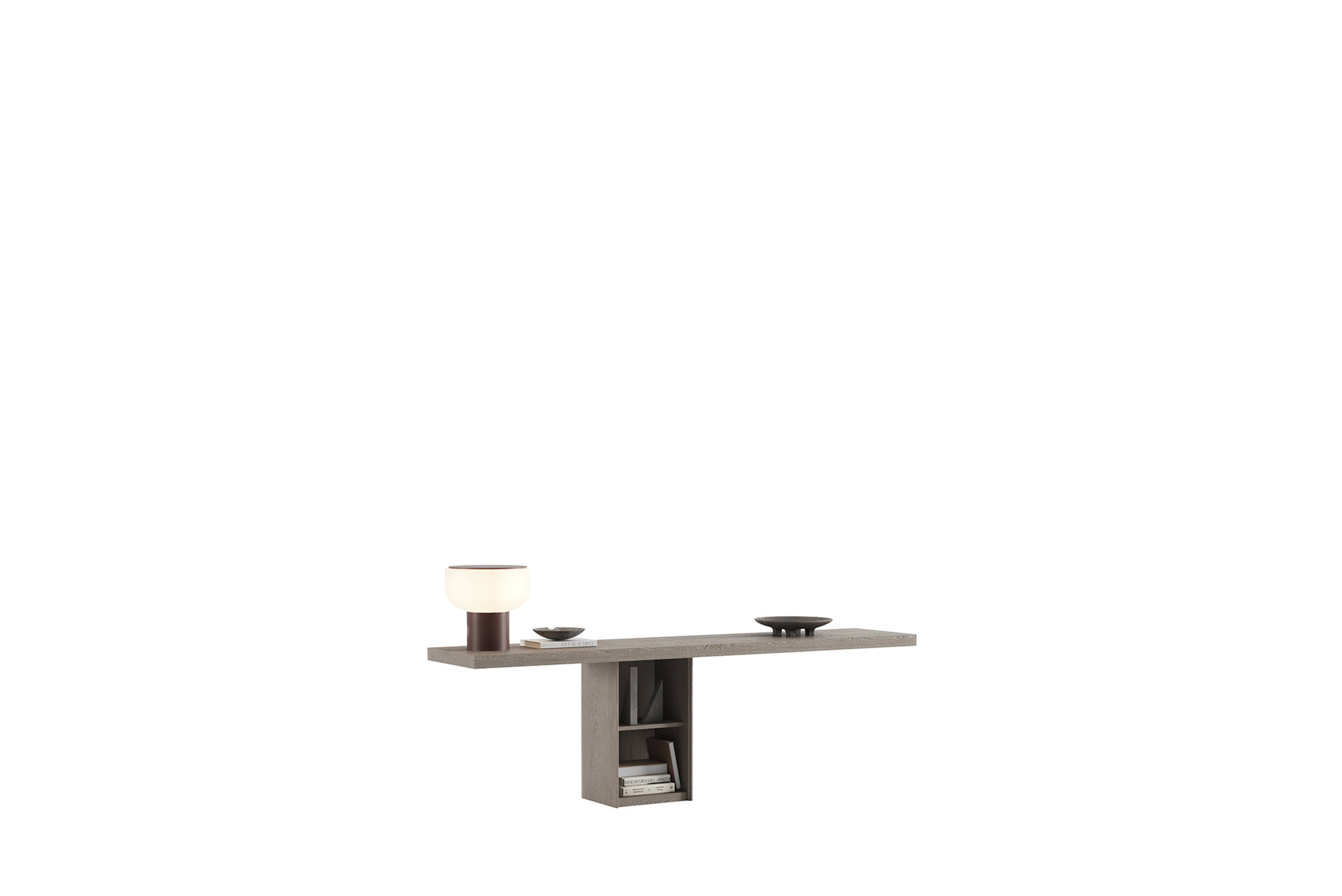 Masă consolă modernă și elegantă din lemn, cu rafturi deschise, perfectă pentru livinguri și holuri de intrare contemporane, prezentând spațiu de depozitare elegant și design minimalist.