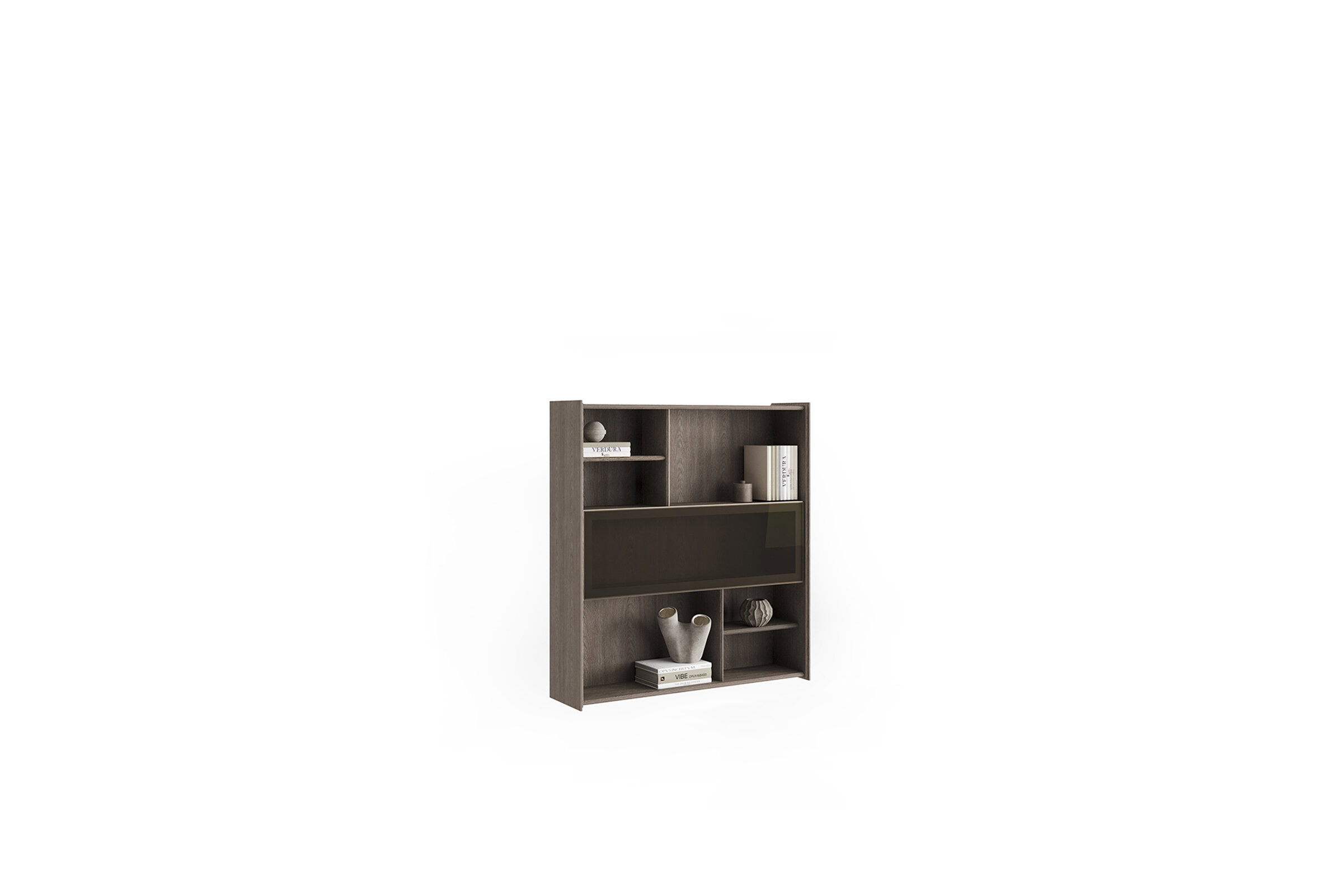 Raft de cărți contemporan din lemn pentru decor și depozitare, cu mai multe rafturi deschise și un compartiment cu fațadă din sticlă, ideal pentru organizarea cărților, decorațiunilor și obiectelor esențiale în spațiile de locuit moderne.