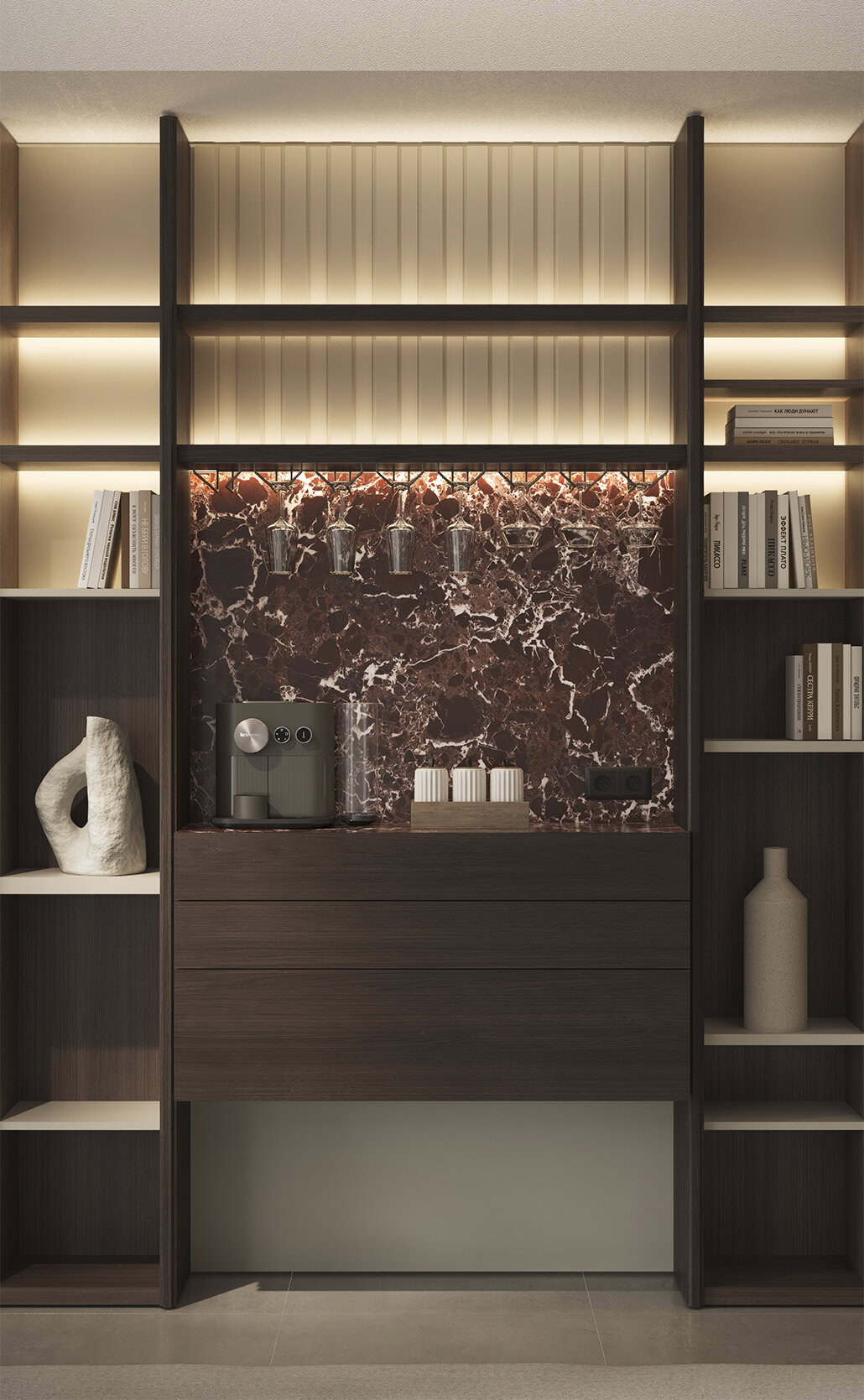 Bar elegant din marmură, cu dulapuri din lemn închis la culoare, înconjurat de rafturi deschise elegante și iluminare ambientală caldă, perfect pentru spațiile contemporane de acasă sau de birou.