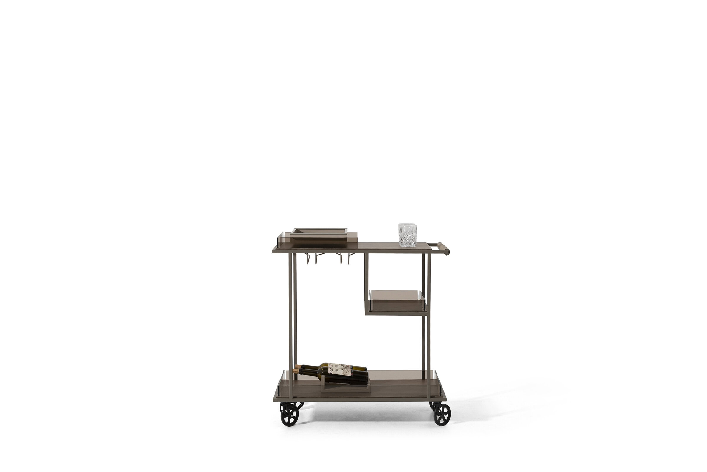 Cărucior de bar modern și elegant, cu rafturi de depozitare și suport pentru sticle de vin, ideal pentru un bar elegant de acasă sau pentru spații de divertisment. Fabricat din materiale durabile pentru funcționalitate și design contemporan.