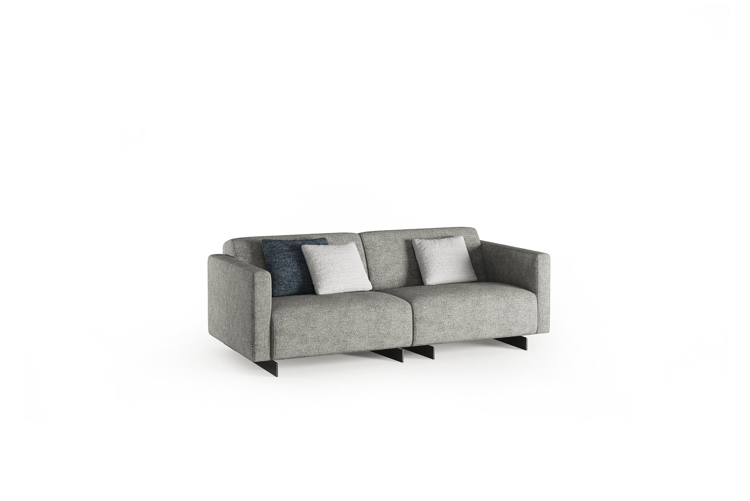 Canapea modernă din material textil gri, cu picioare negre elegante și perne neutre, perfectă pentru livinguri elegante și decor interior contemporan.