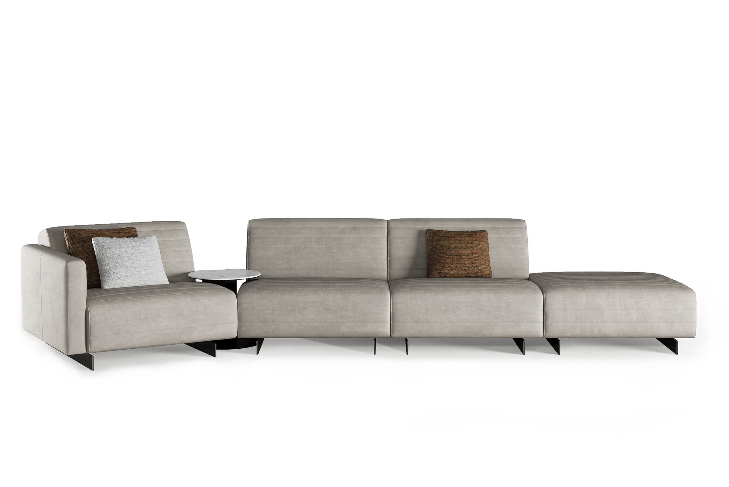 Canapea modulară bej contemporană, cu design modern, cu perne plușate, picioare metalice negre și perne decorative, ideală pentru un decor elegant al camerei de zi.