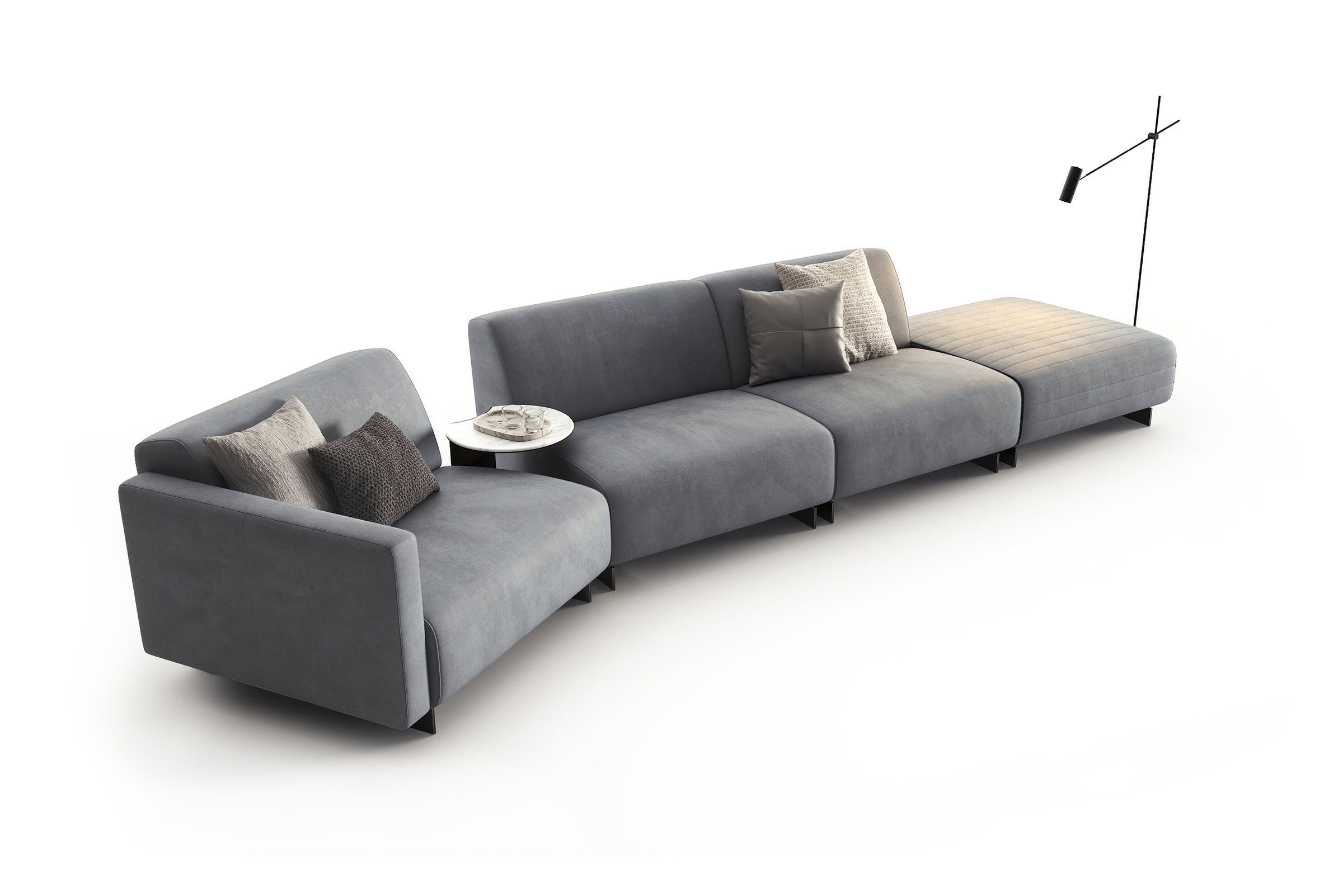 O canapea modulară gri, elegantă și contemporană, concepută pentru confort și versatilitate în camerele de zi. Perfectă pentru decorul modern al casei, oferind scaune spațioase și un design elegant.