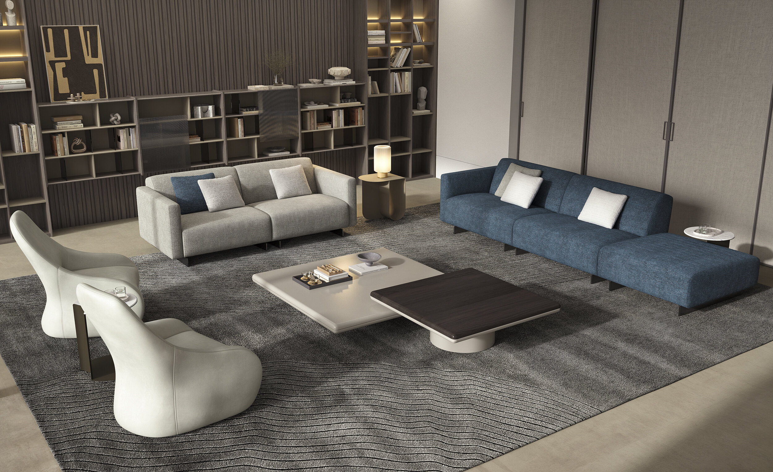 Living modern și elegant, cu canapele elegante, măsuțe de cafea contemporane și decor sofisticat, care prezintă mobilier premium de la Saloni Furniture.