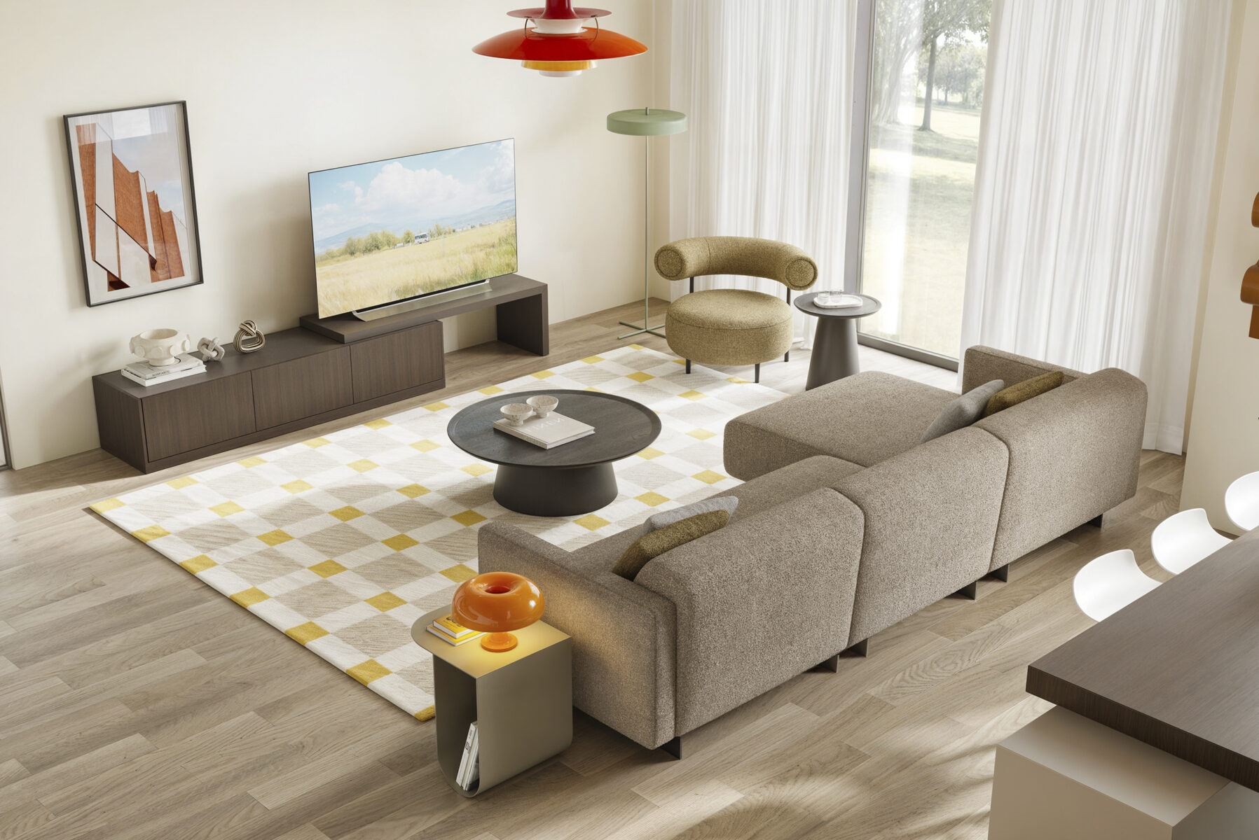 Canapea modulară contemporană din material textil bej, într-un living modern, cu decor minimalist, ferestre mari și parchet, perfectă pentru un confort elegant în casă.