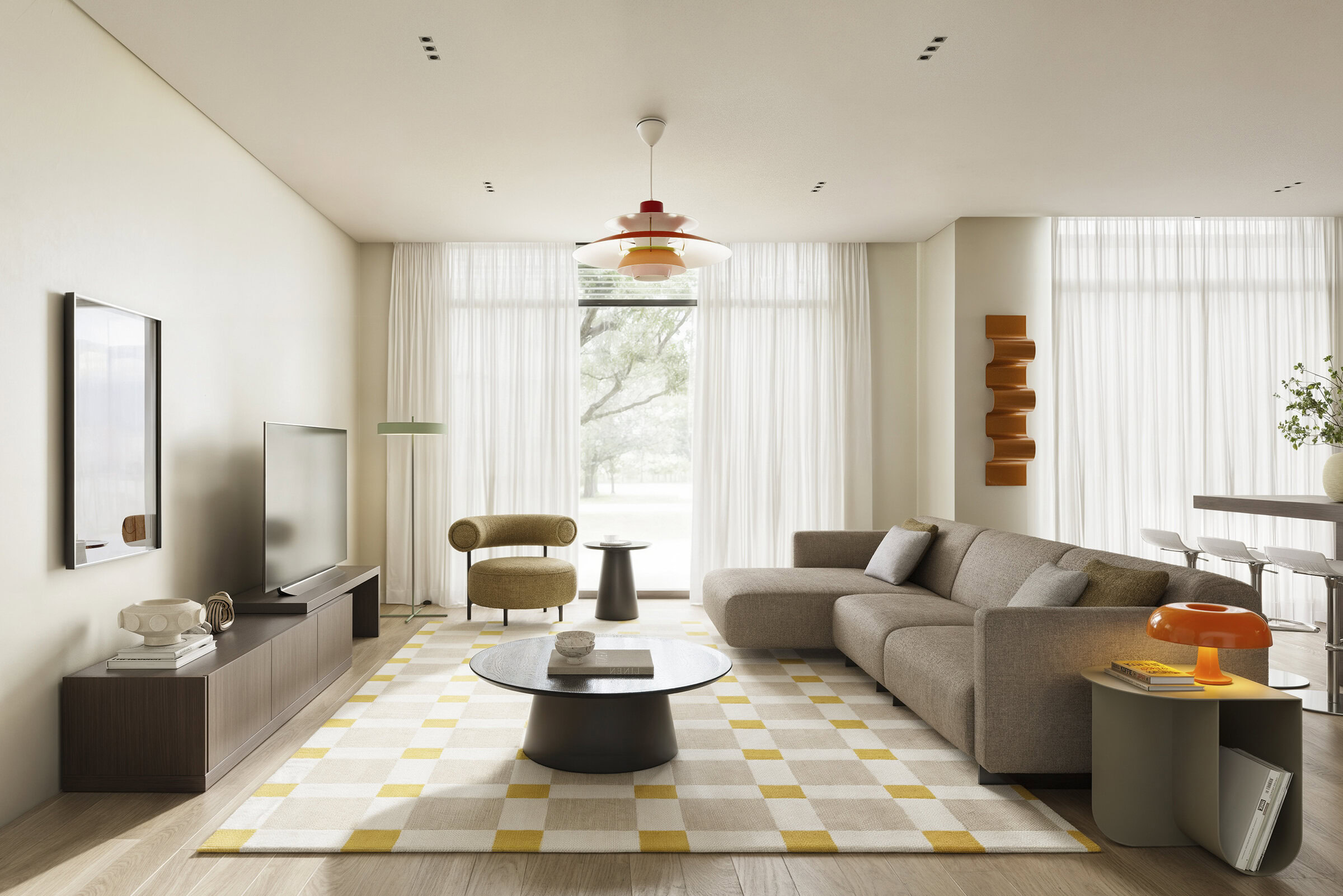 Modern living room with neutral sofas, contemporary coffee tables, and stylish lighting, showcasing high-quality furniture pieces from Saloni Furniture.