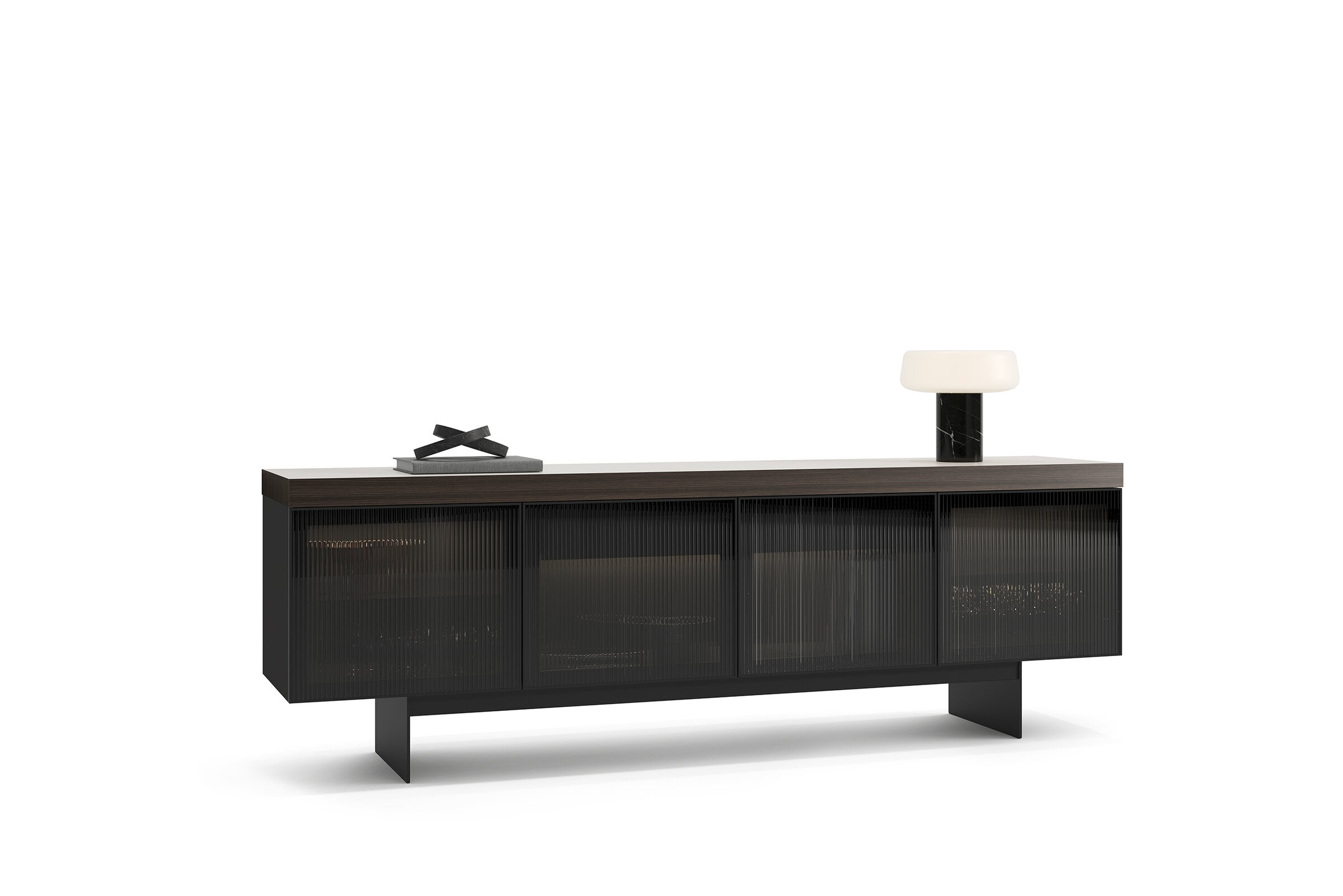 Bufet modern și elegant, cu uși cu lamele negre și blat din lemn, ideal pentru soluții de depozitare elegante în living sau sufragerie.