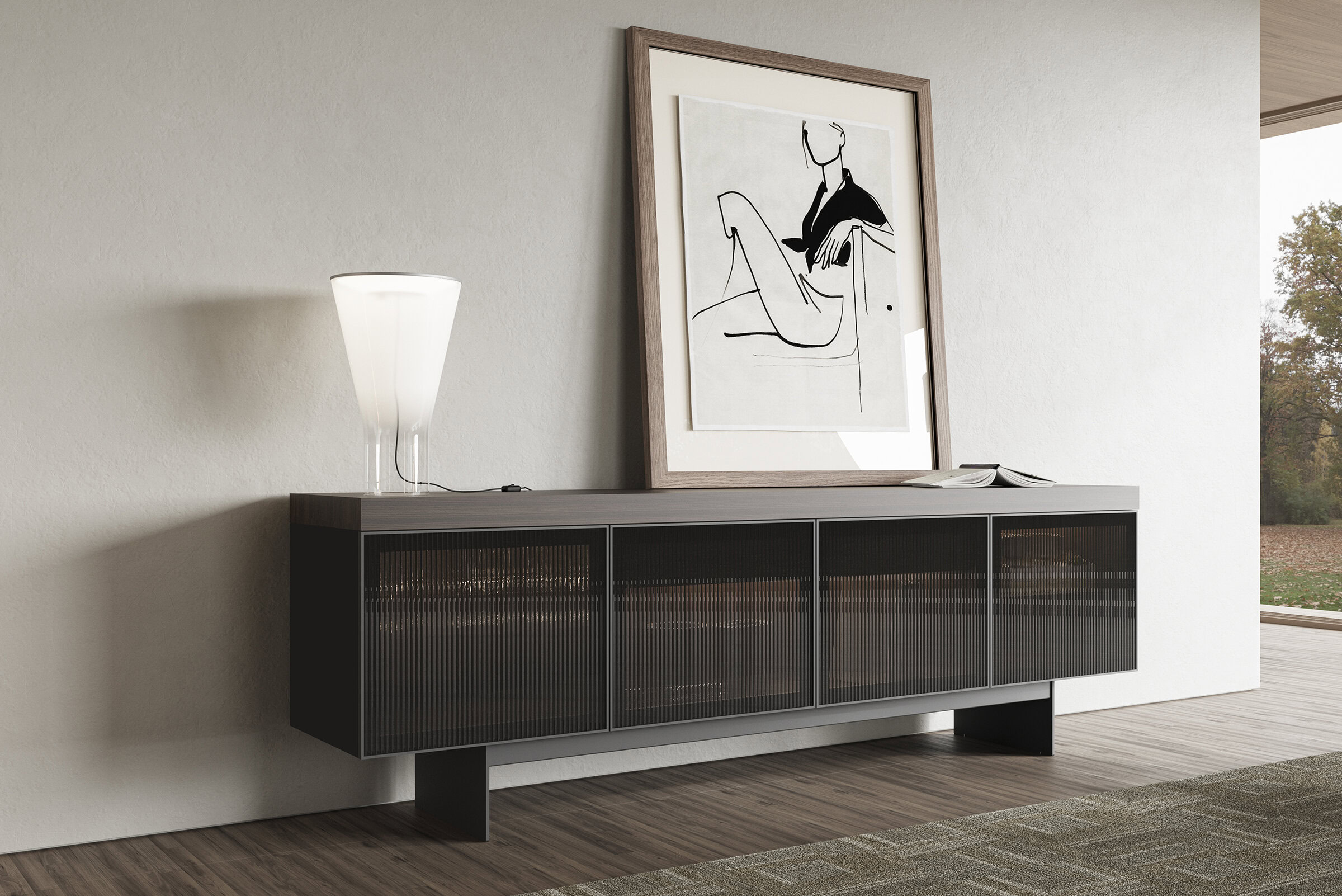 Bufet modern și elegant, cu uși de dulap cu lamele negre, decorat cu o lampă de masă elegantă și opere de artă, ideal pentru decorul contemporan al camerei de zi sau al zonei de luat masa.