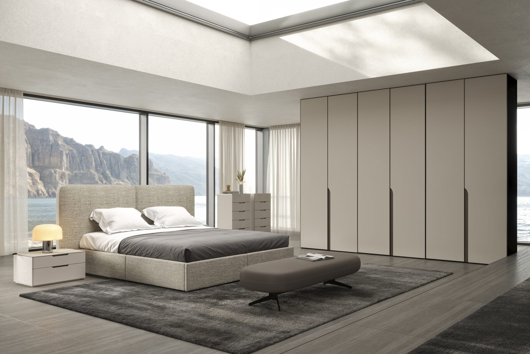 Sleek modern bedroom with large windows overlooking a mountain lake, featuring a neutral-toned upholstered bed, minimalist white nightstands, and ample storage with a contemporary white wardrobe, creating a tranquil and stylish space.