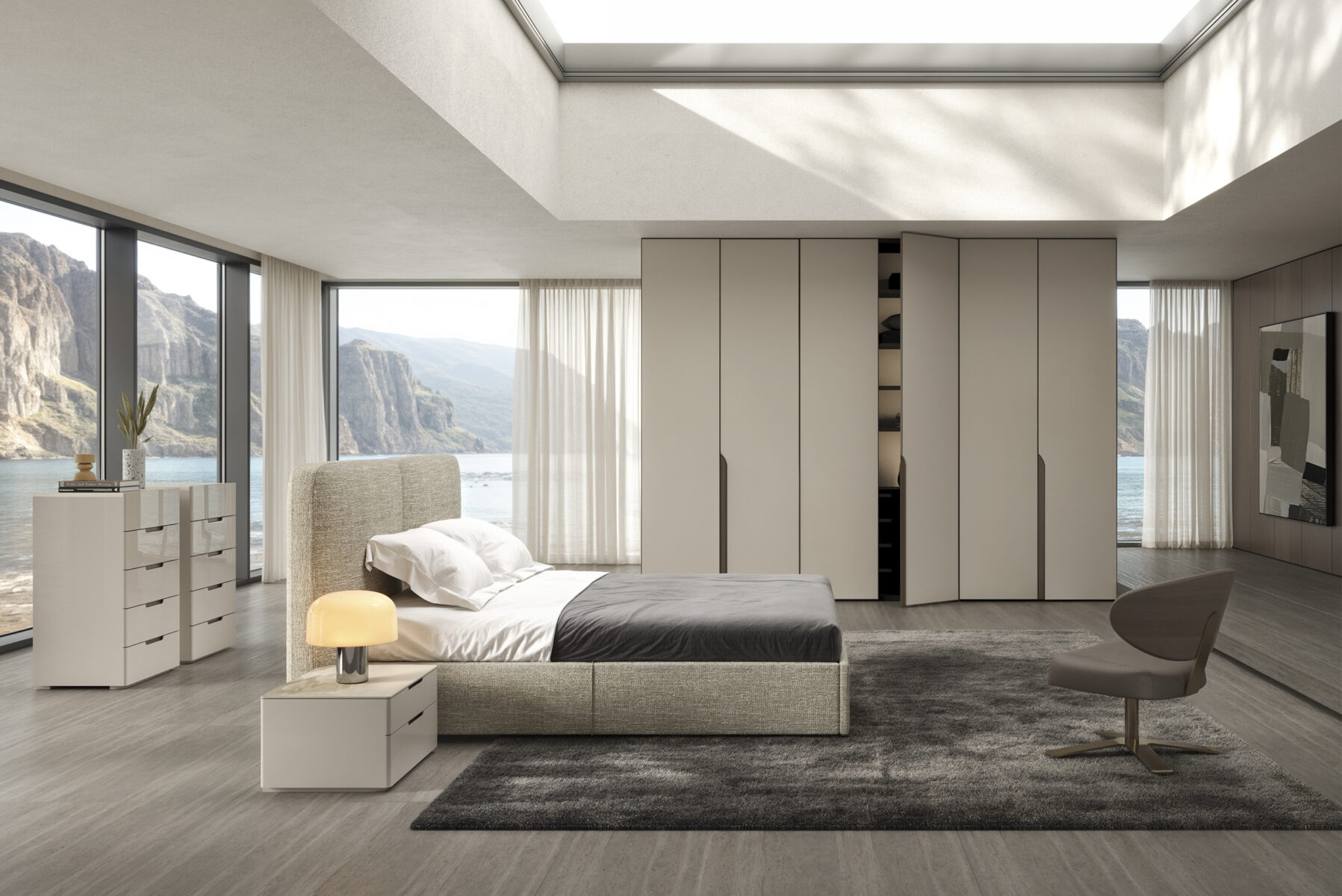 Dormitor modern și minimalist, cu ferestre mari de la podea până la tavan, mobilier în tonuri neutre și decor elegant, care prezintă mobilier contemporan și design de la Saloni Furniture.