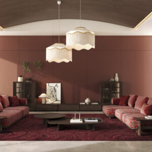 Elegant modern living room featuring Saloni Furniture sofas with plush cushions, a stylish coffee table, and contemporary decor in a warm-toned interior.