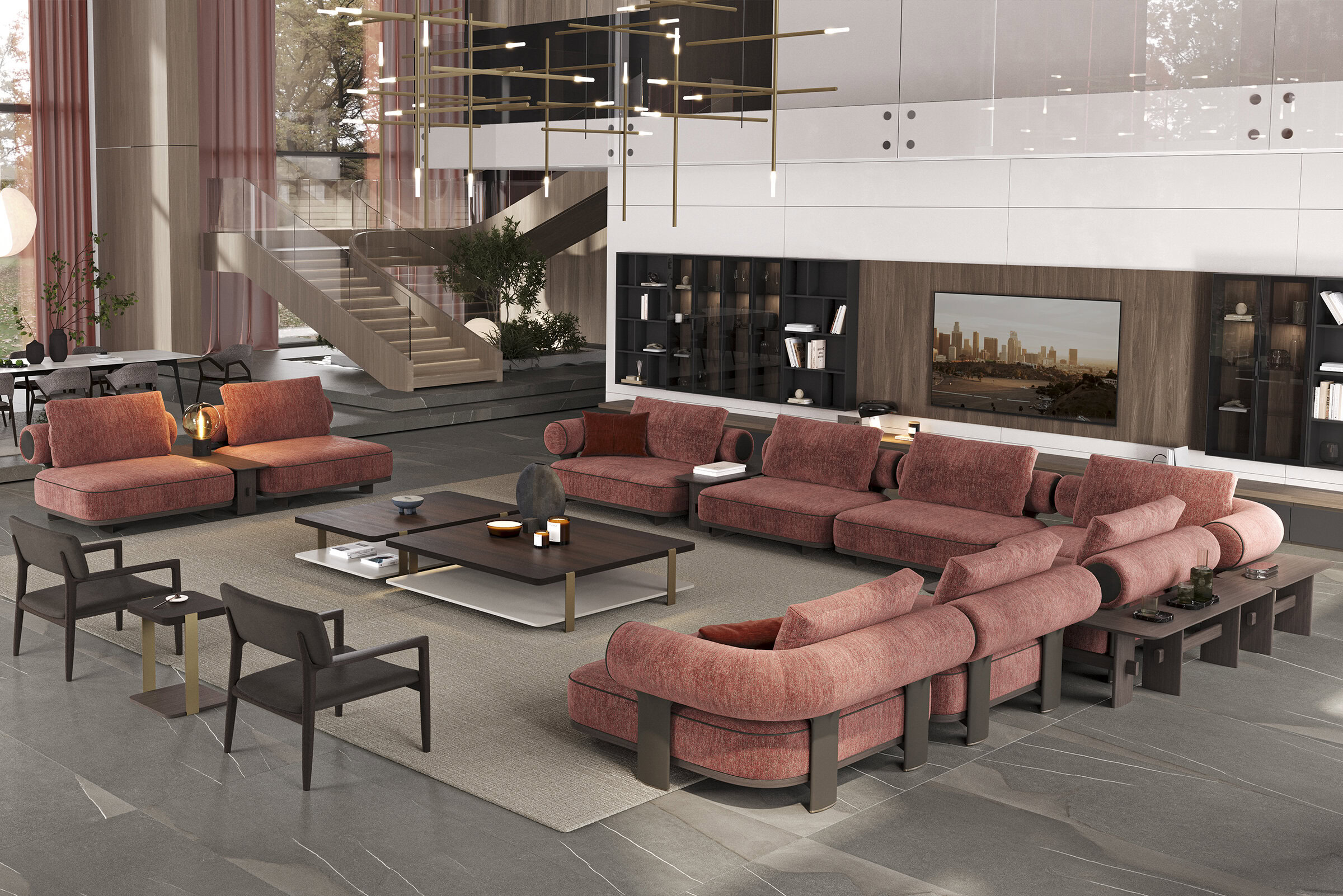 Canapea modulară elegantă, de culoarea coralului, cu accente negre, într-un living contemporan spațios, cu mobilier elegant, finisaje din lemn și decor modern, ideală pentru interioare de lux.
