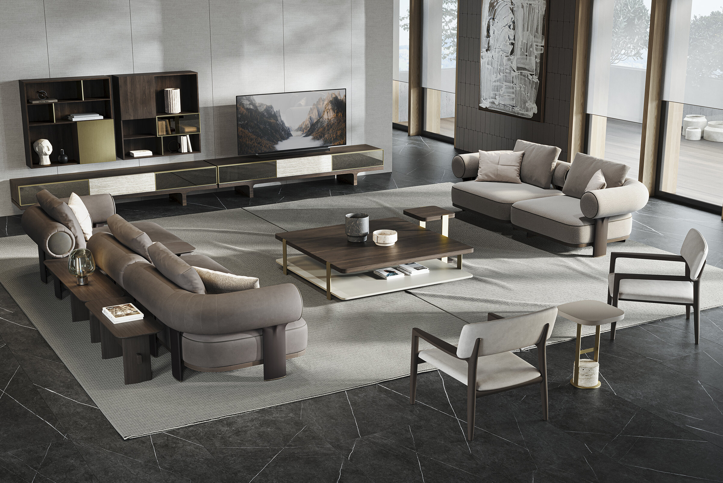 Canapele bej luxoase, cu cotiere cilindrice și perne asortate, într-un living elegant și contemporan. Perfecte pentru un decor interior de lux.