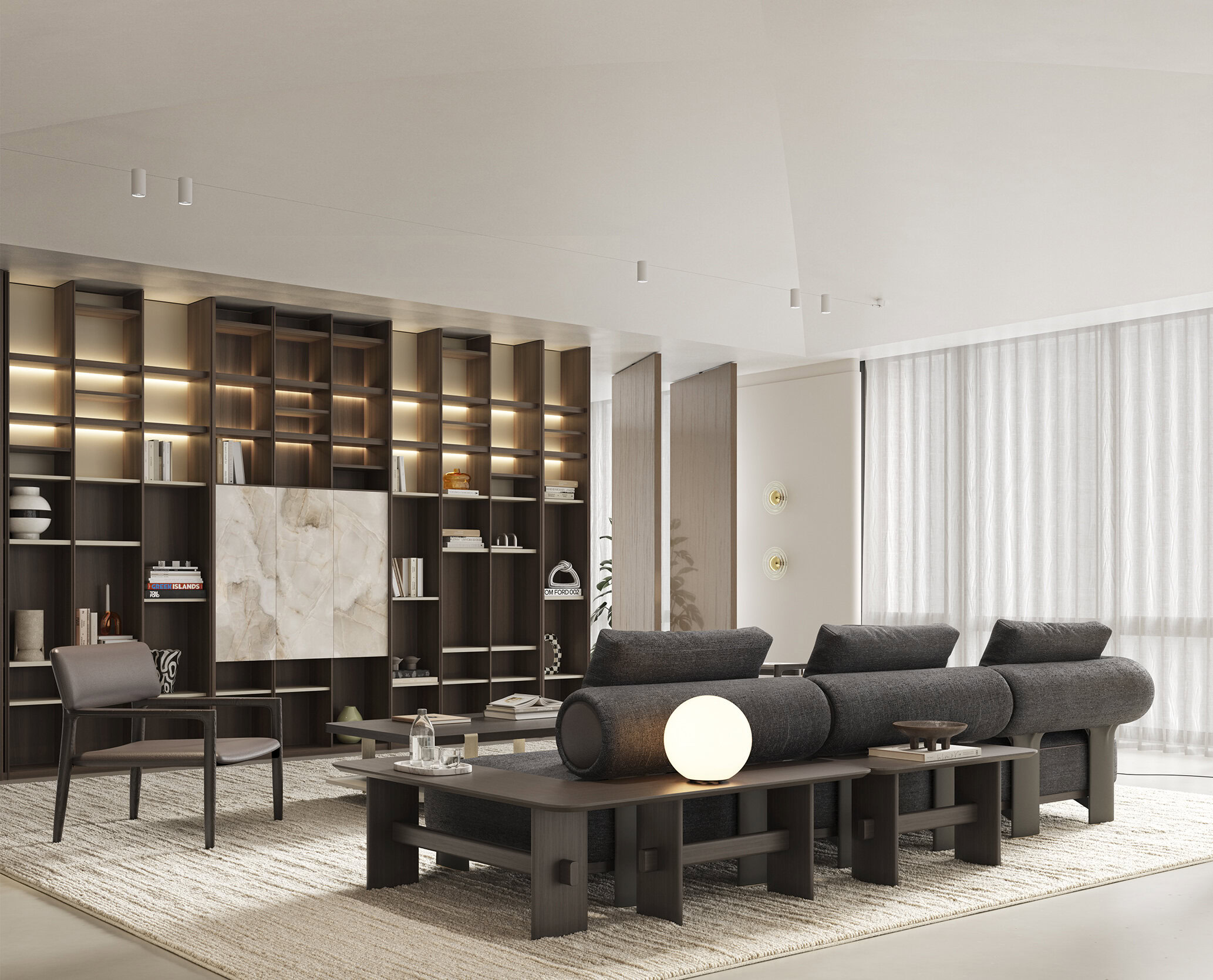Living elegant și modern, cu mobilier din lemn închis la culoare, o bibliotecă mare, scaune confortabile și iluminat cald pentru interioare sofisticate.