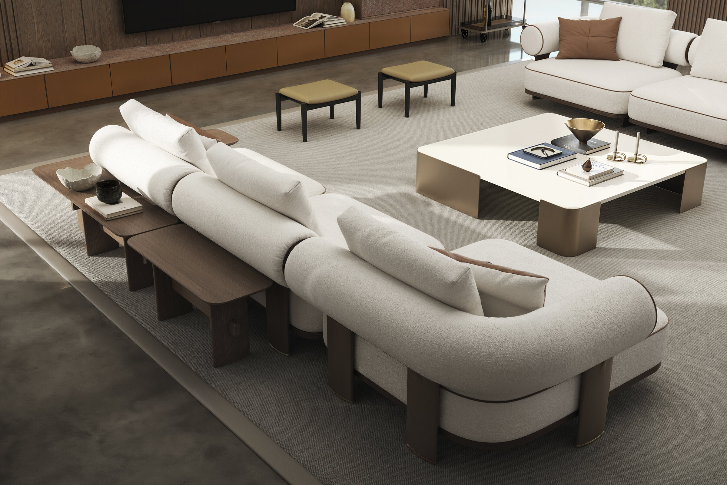 Elegant white sectional sofa with wooden legs and accents, perfect for contemporary living rooms. Features plush cushions and a spacious design for comfort and style.
