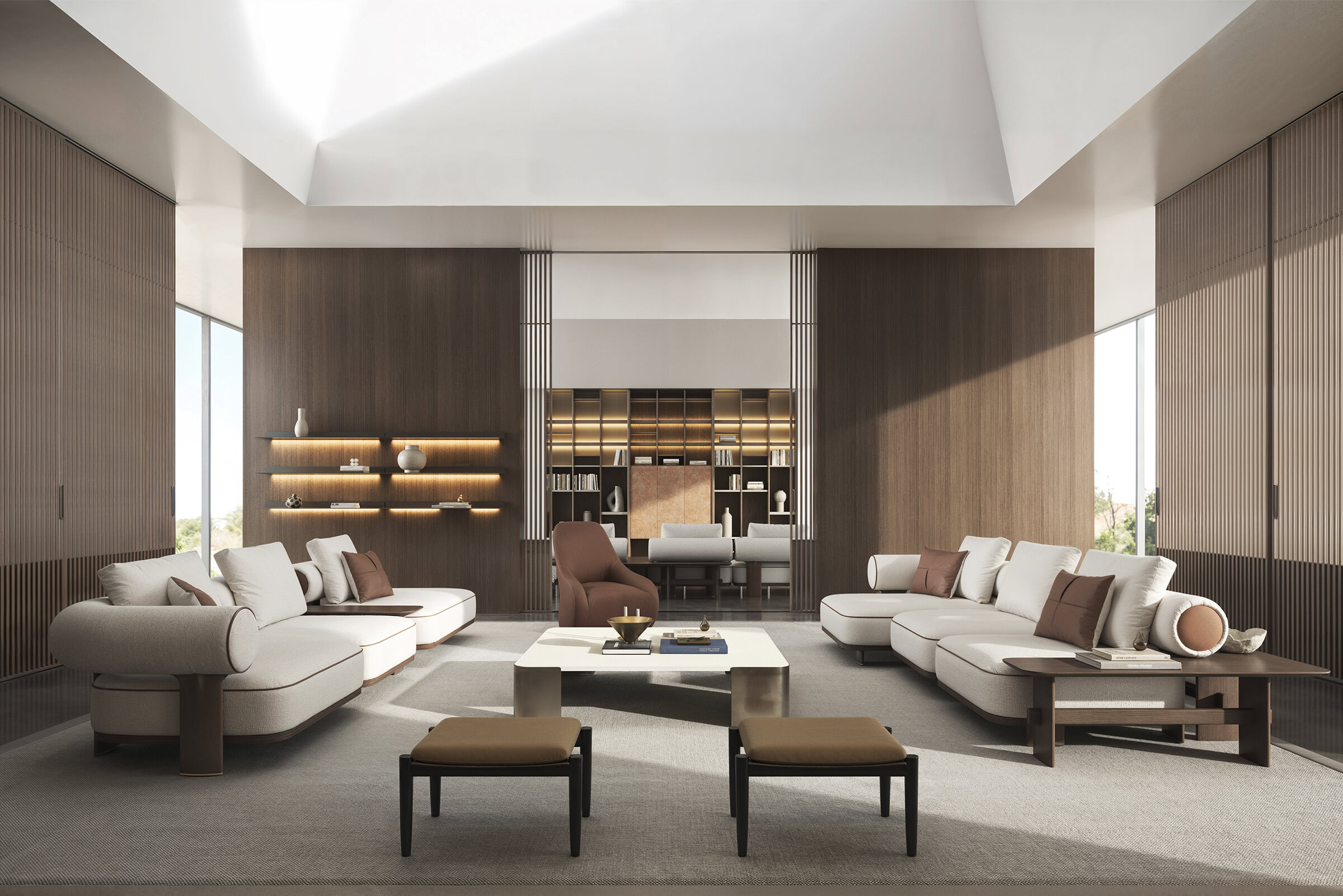 Elegant modern living room featuring stylish sofas, armchairs, and a central coffee table, with warm wood paneling and large windows providing natural light.