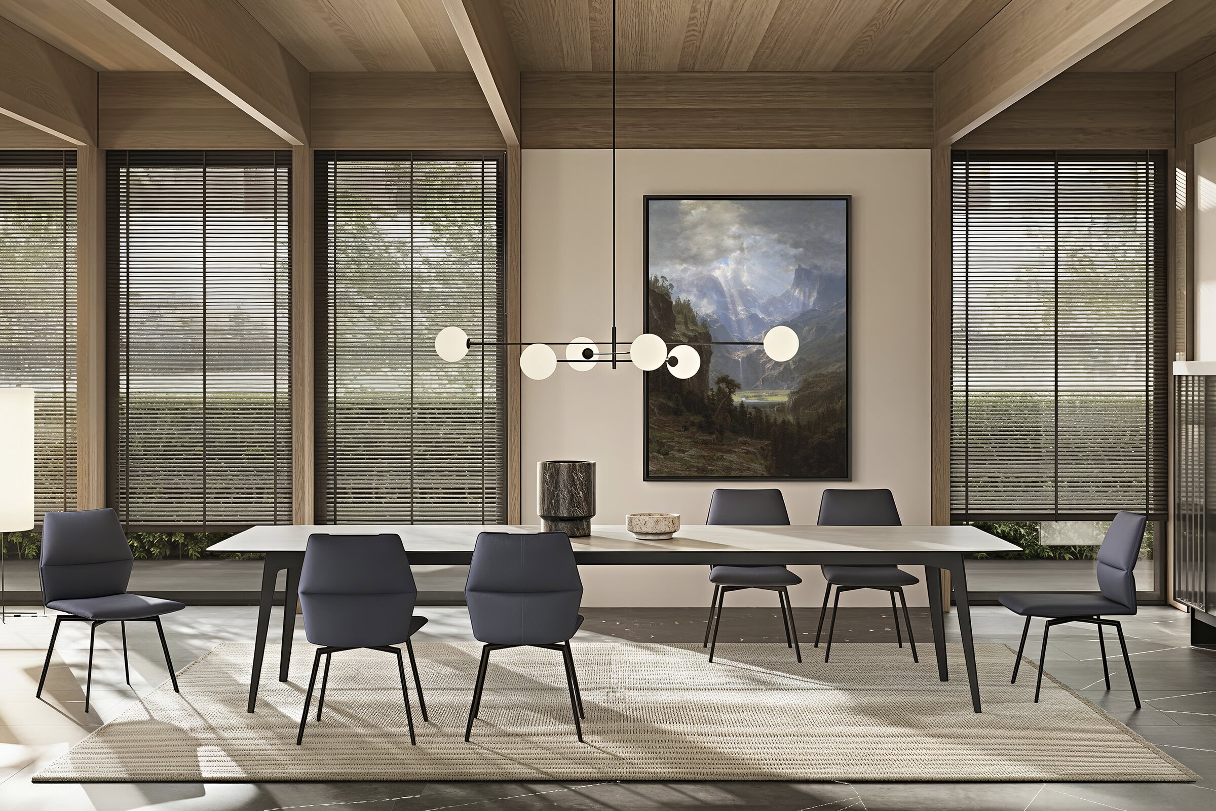 Contemporary conference room featuring a sleek white table, eight stylish chairs, large windows with blinds, and modern decor, ideal for professional meetings and corporate events.