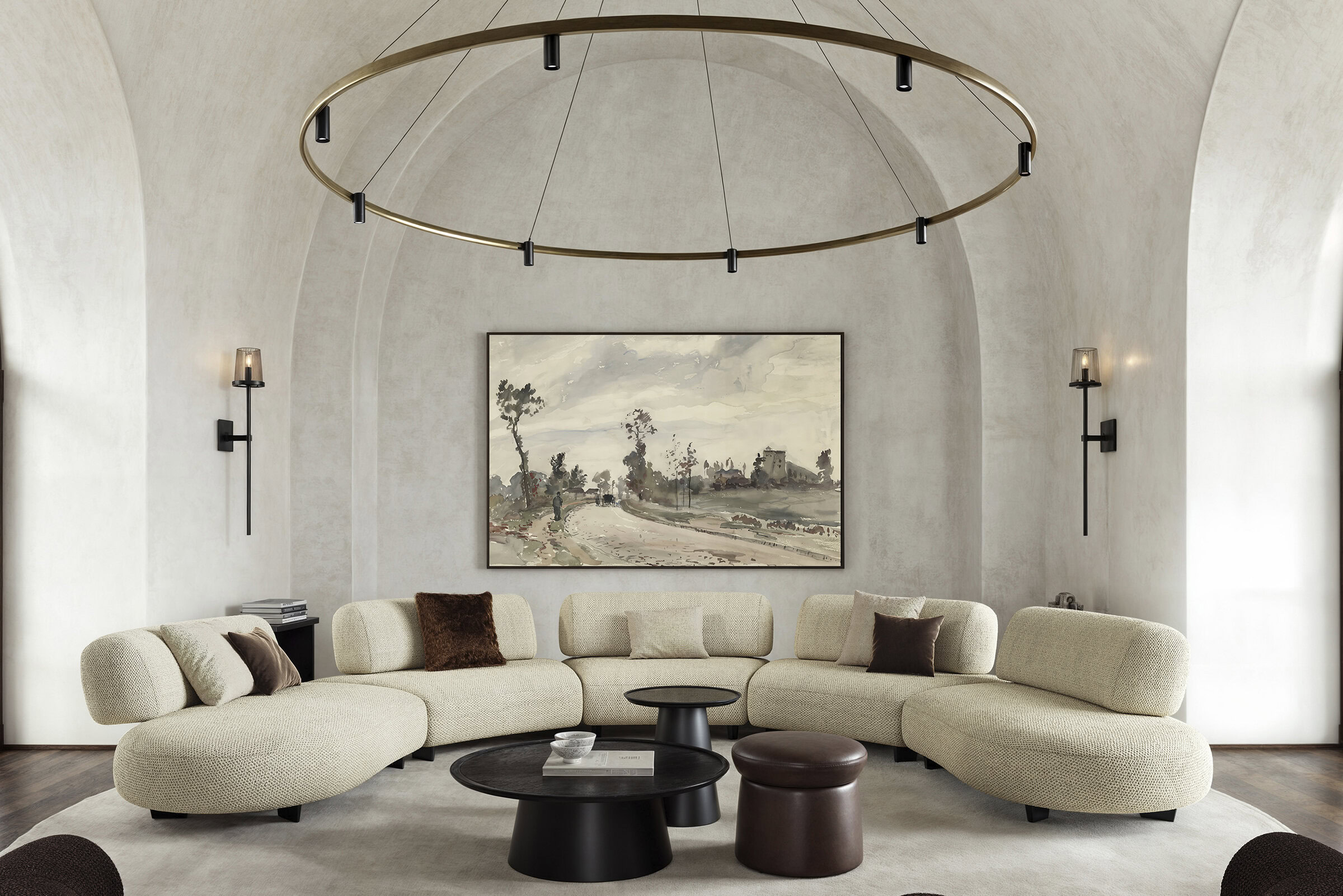 Luxurious beige curved sofa with plush cushions in a sophisticated living room setting, featuring minimalist wall sconces, a large landscape painting, and contemporary coffee tables for stylish comfor.