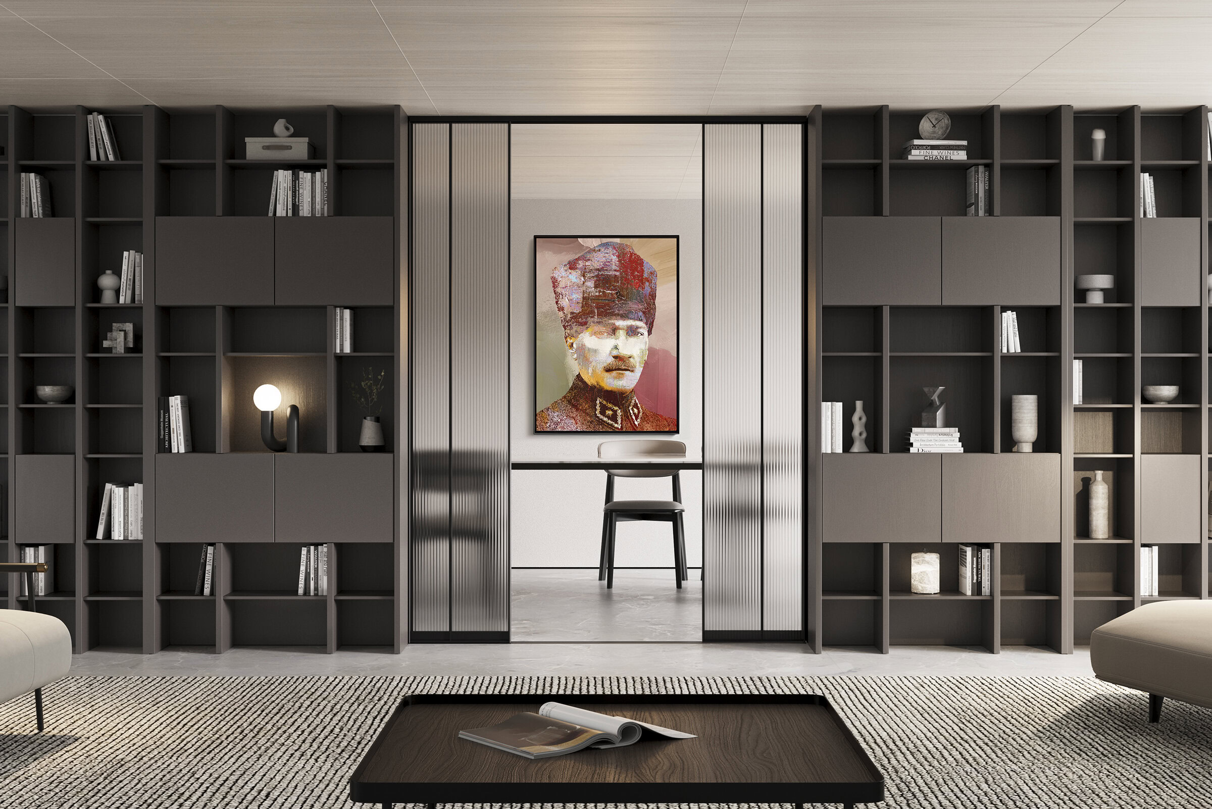 Modern living room with sleek black shelving units, a central artwork, and minimalist decor, showcasing contemporary furniture design by Saloni Furniture.