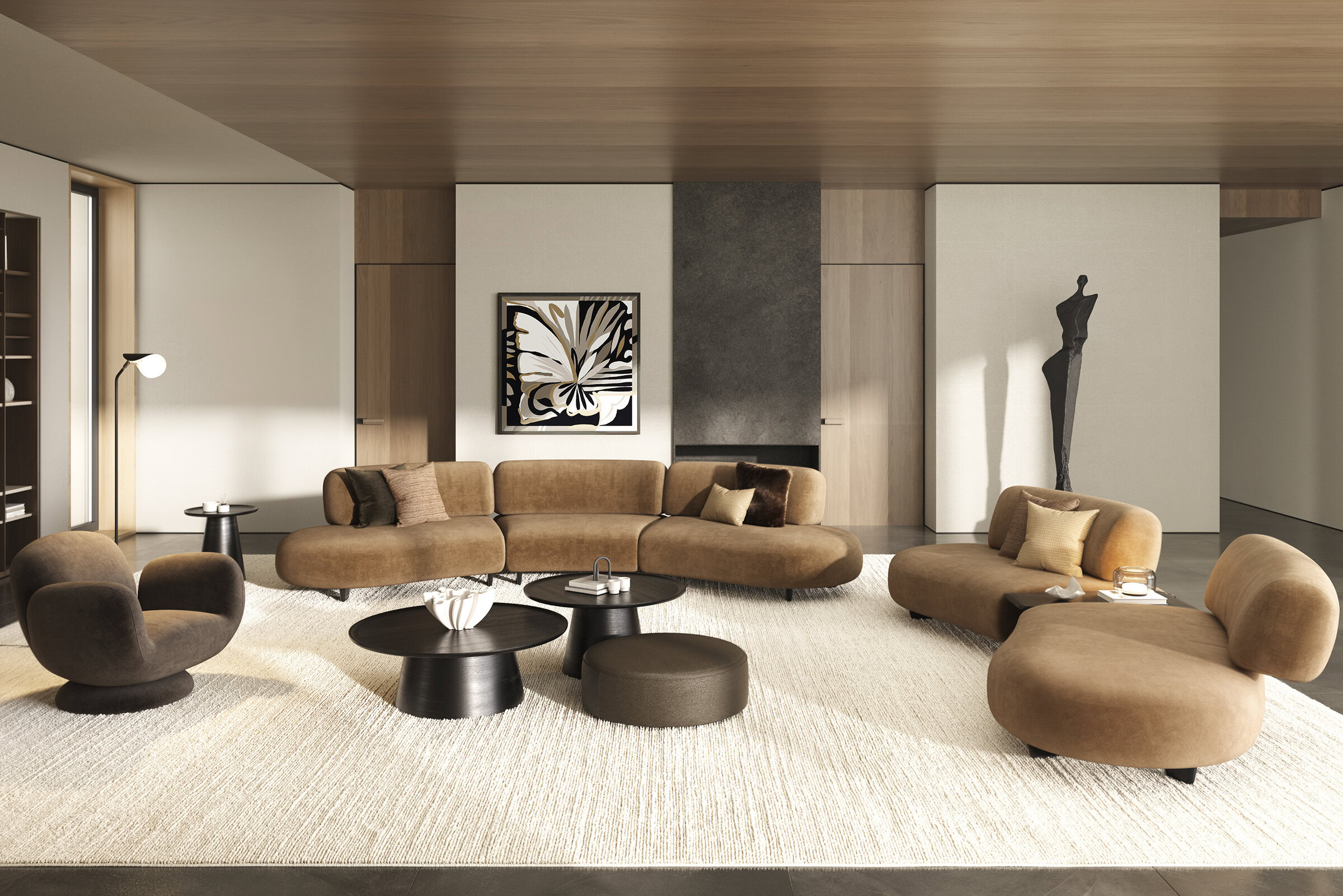 An elegant living room featuring a contemporary sofa set with plush seating, complemented by stylish coffee tables, minimalist decor, and warm lighting for a cozy, sophisticated ambiance.