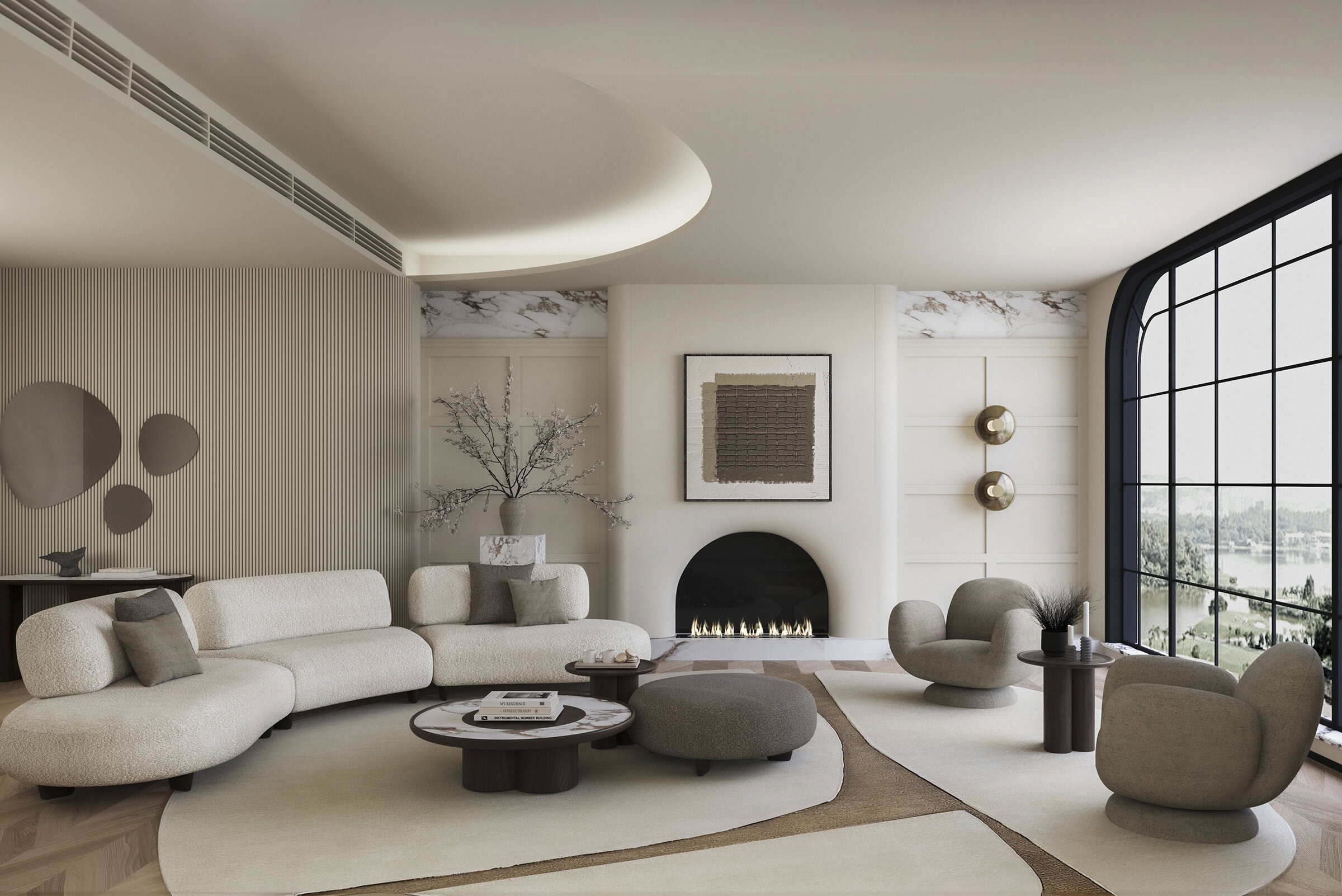 Elegant modern living room featuring stylish sofas, armchairs, and a cozy fireplace, perfect for contemporary home decor. Bright space with large windows and minimalist design.