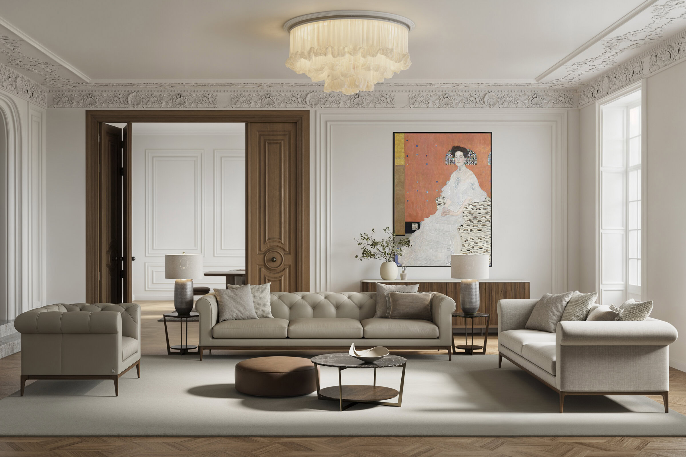 Modern and luxurious living room with a beige tufted sofa, white armchairs, and stylish decor, showcasing high-quality furniture from Saloni Furniture.