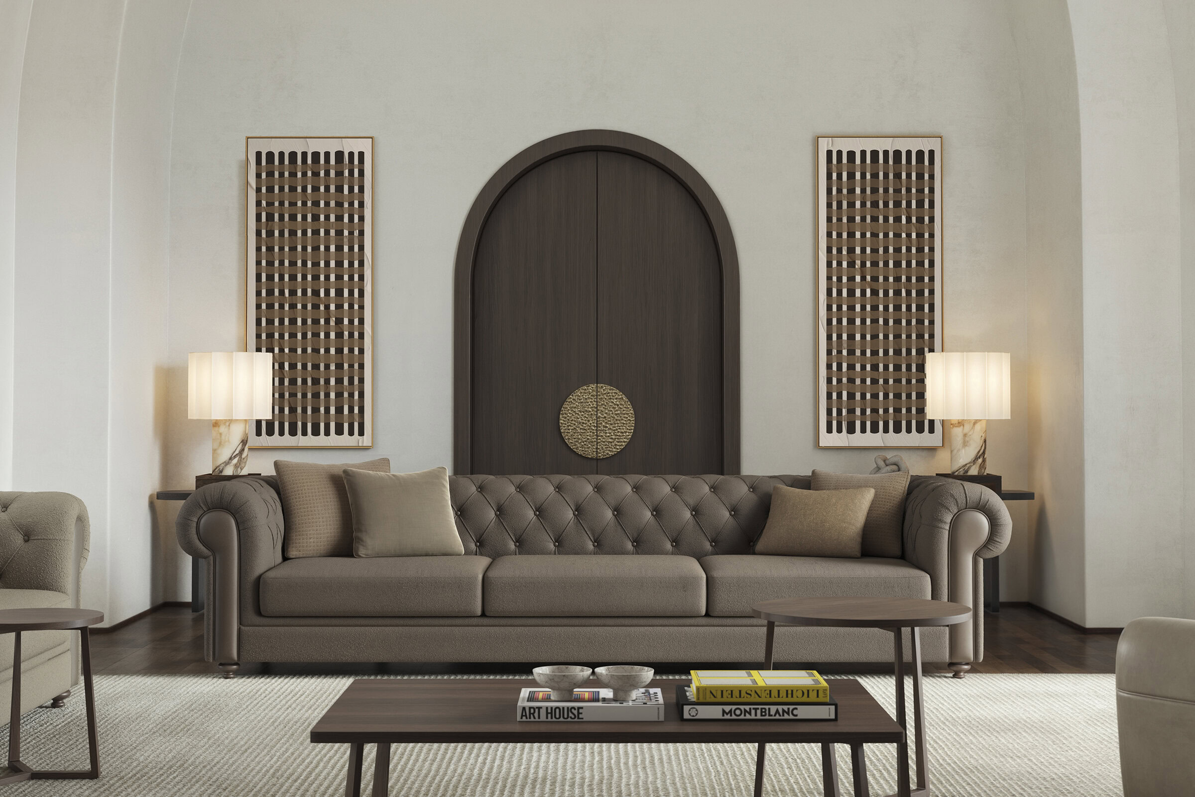 Stylish beige tufted sofa with matching cushions in a contemporary living room featuring wooden wall panels and soft lighting. Perfect for modern home decor.