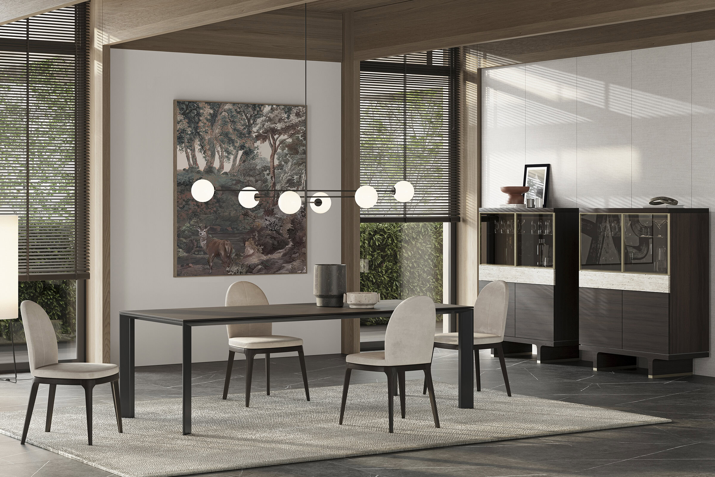 Elegant modern dining room featuring a sleek wooden table and six comfortable upholstered chairs, perfect for contemporary home interiors.