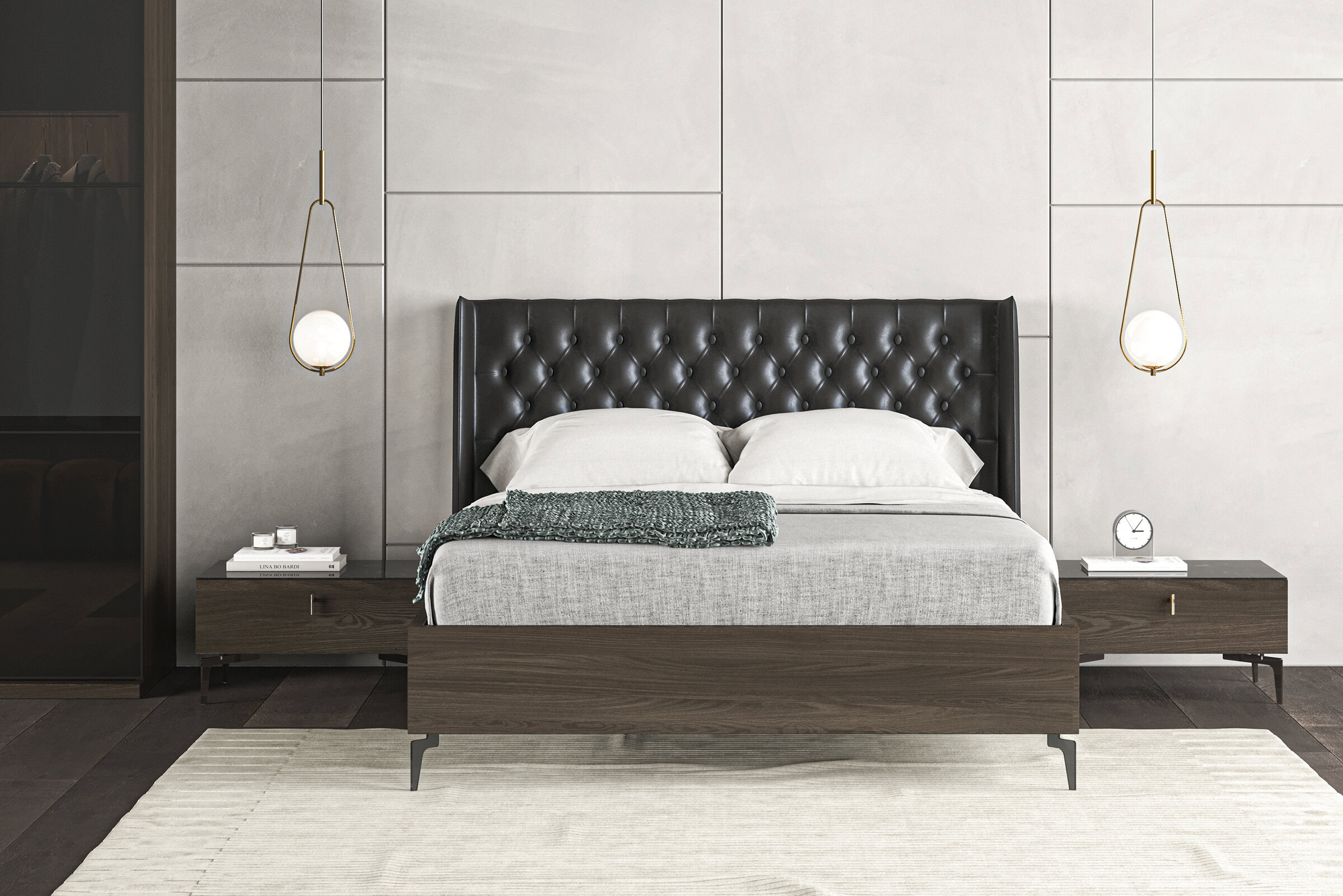 Sleek modern bedroom with a dark leather tufted headboard, minimalist wooden nightstands, and elegant pendant lighting, showcasing contemporary bedroom furniture design for comfortable living.