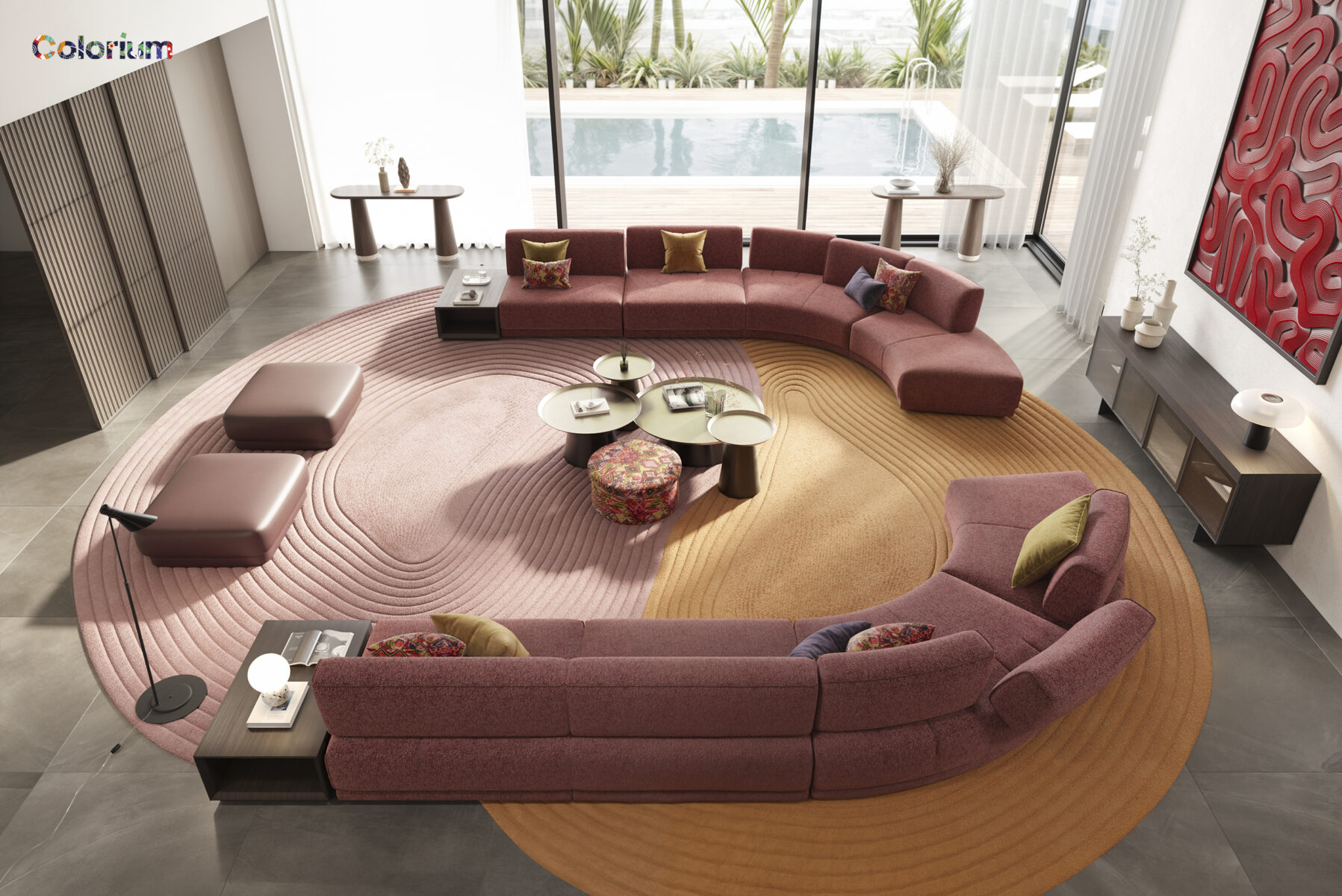 Living modern și luxos, cu o canapea modulară colorată, măsuțe de cafea contemporane și un decor elegant, care pune în valoare mobilierul de înaltă calitate de la Saloni Furniture pentru interioare elegante.