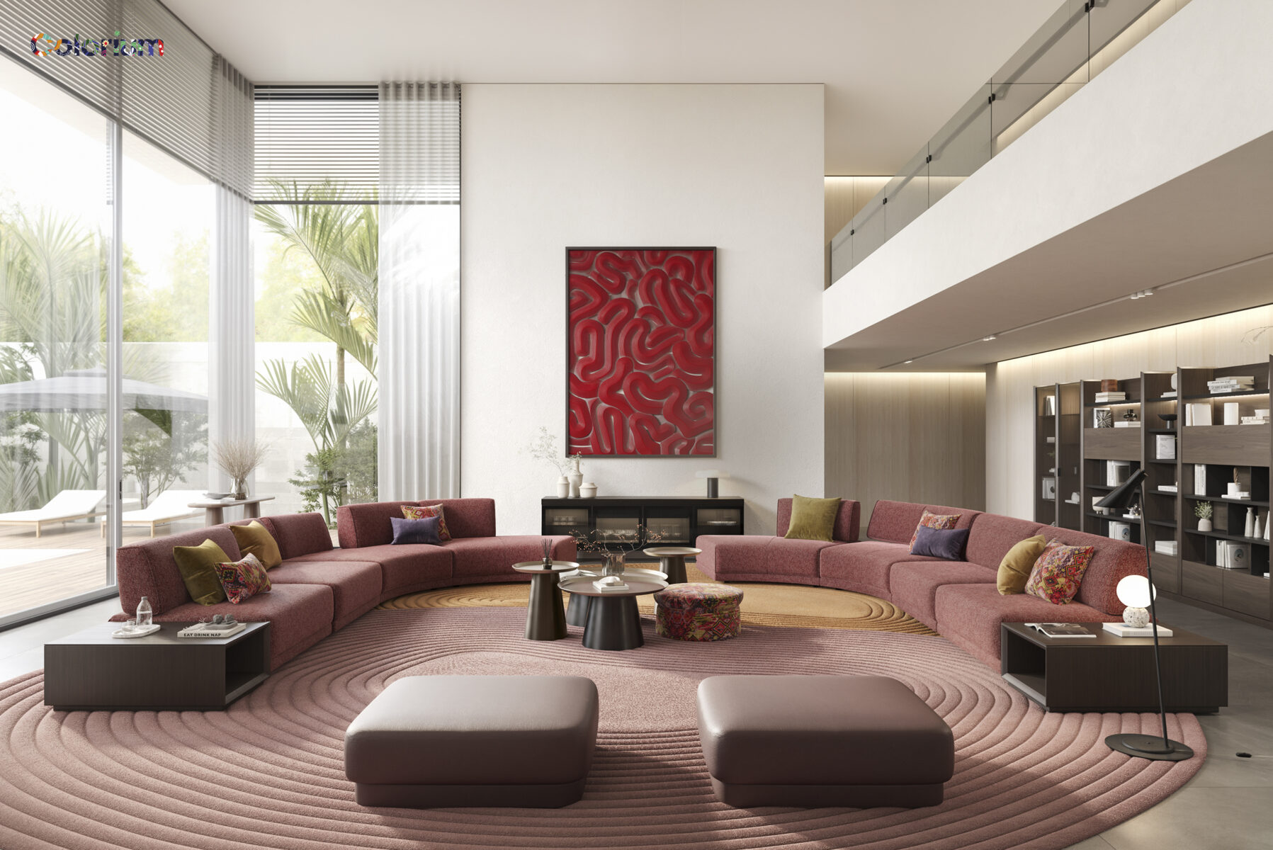 Living modern și luxos, cu o canapea roz curbată, perne colorate, o operă de artă abstractă roșie mare pe un perete alb și ferestre de la podea până la tavan cu lumină naturală, creând o ambianță elegantă și confortabilă.