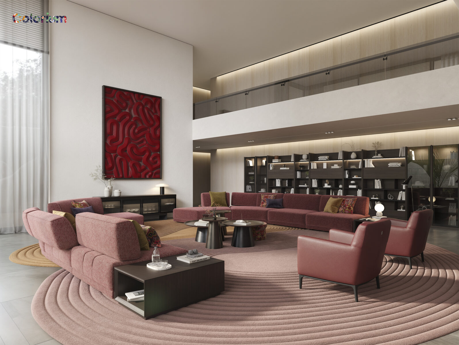 Living modern și elegant, cu canapele roz plușate, fotolii și un covor rotund elegant, completat de rafturi elegante din lemn închis la culoare și decor contemporan pentru o ambianță luxoasă.