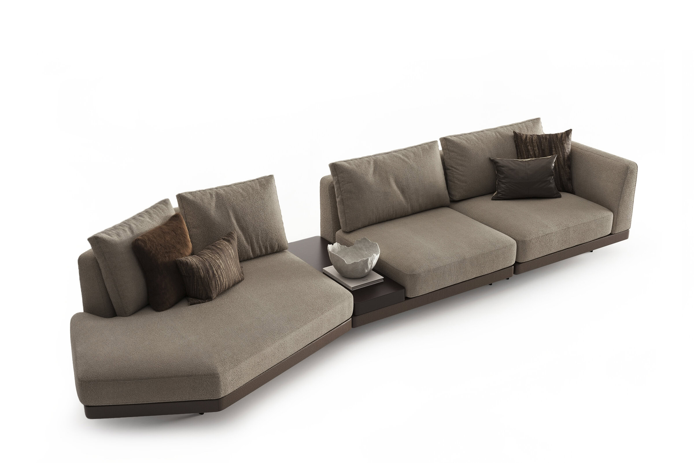 Canapea modulară modernă și elegantă, cu tapițerie din material textil neutru, cu perne multiple pentru un confort sporit, ideală pentru decorul contemporan al camerei de zi.