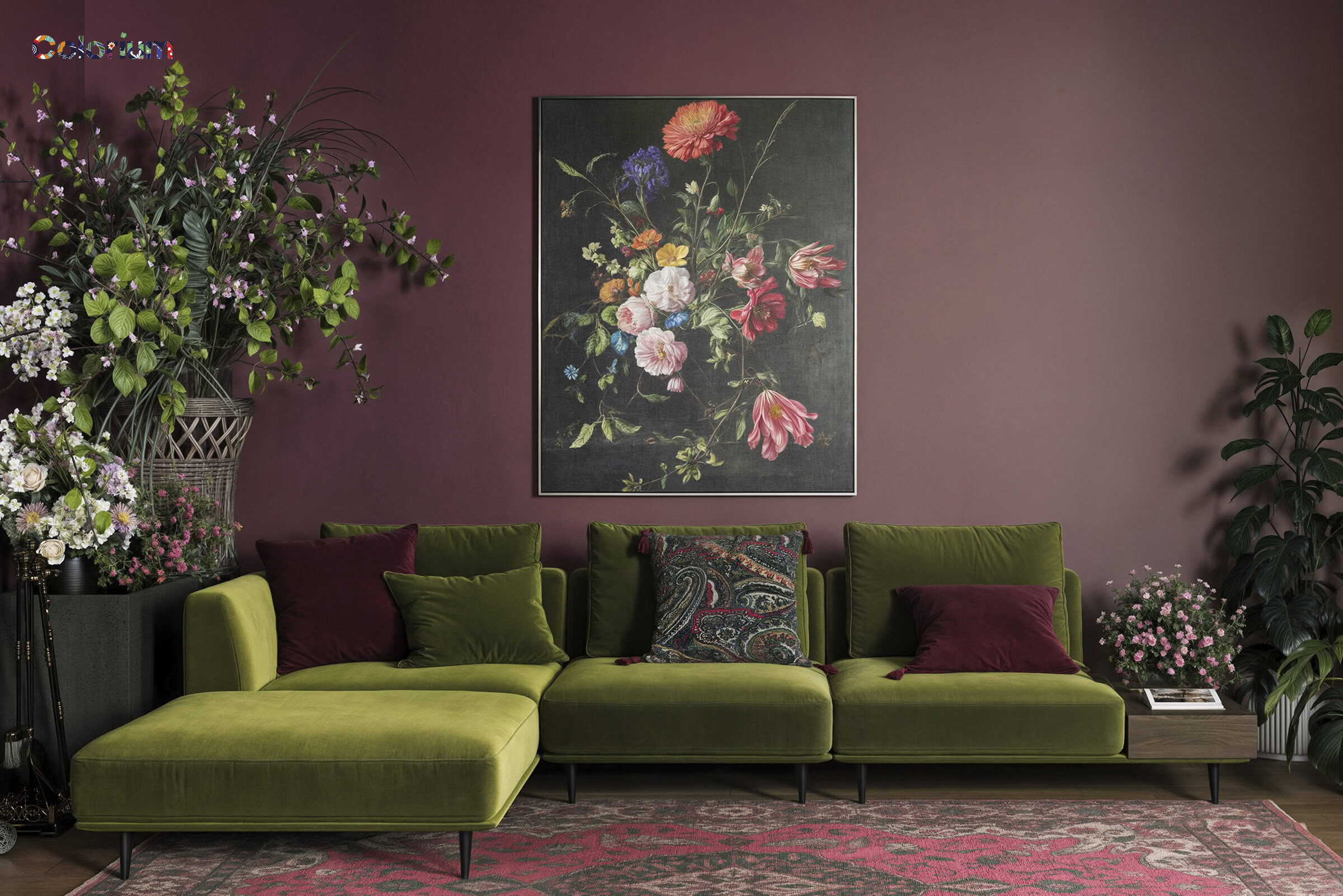 Stylish green sofa with plush cushions in a modern living room setting, complemented by vibrant floral artwork and lush indoor plants for a cozy, contemporary ambiance.