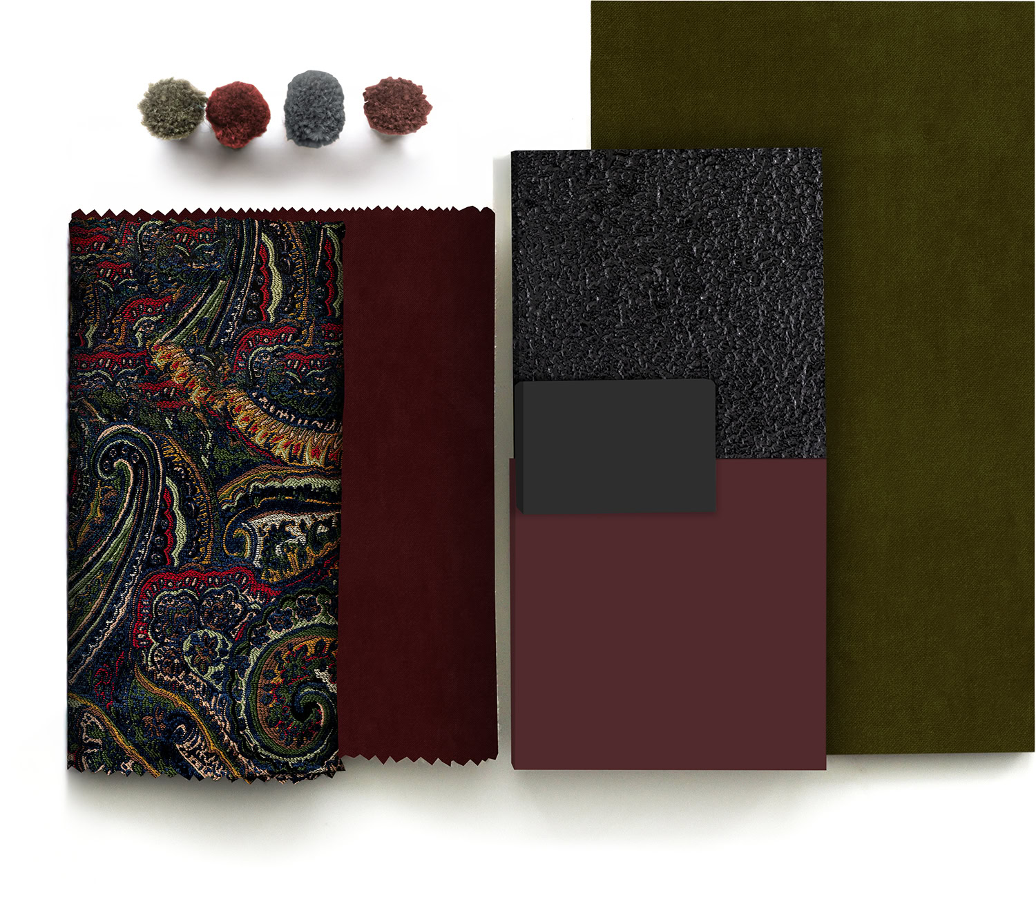 A collection of fabric swatches, textured materials, and color samples for furniture upholstery and interior decor.