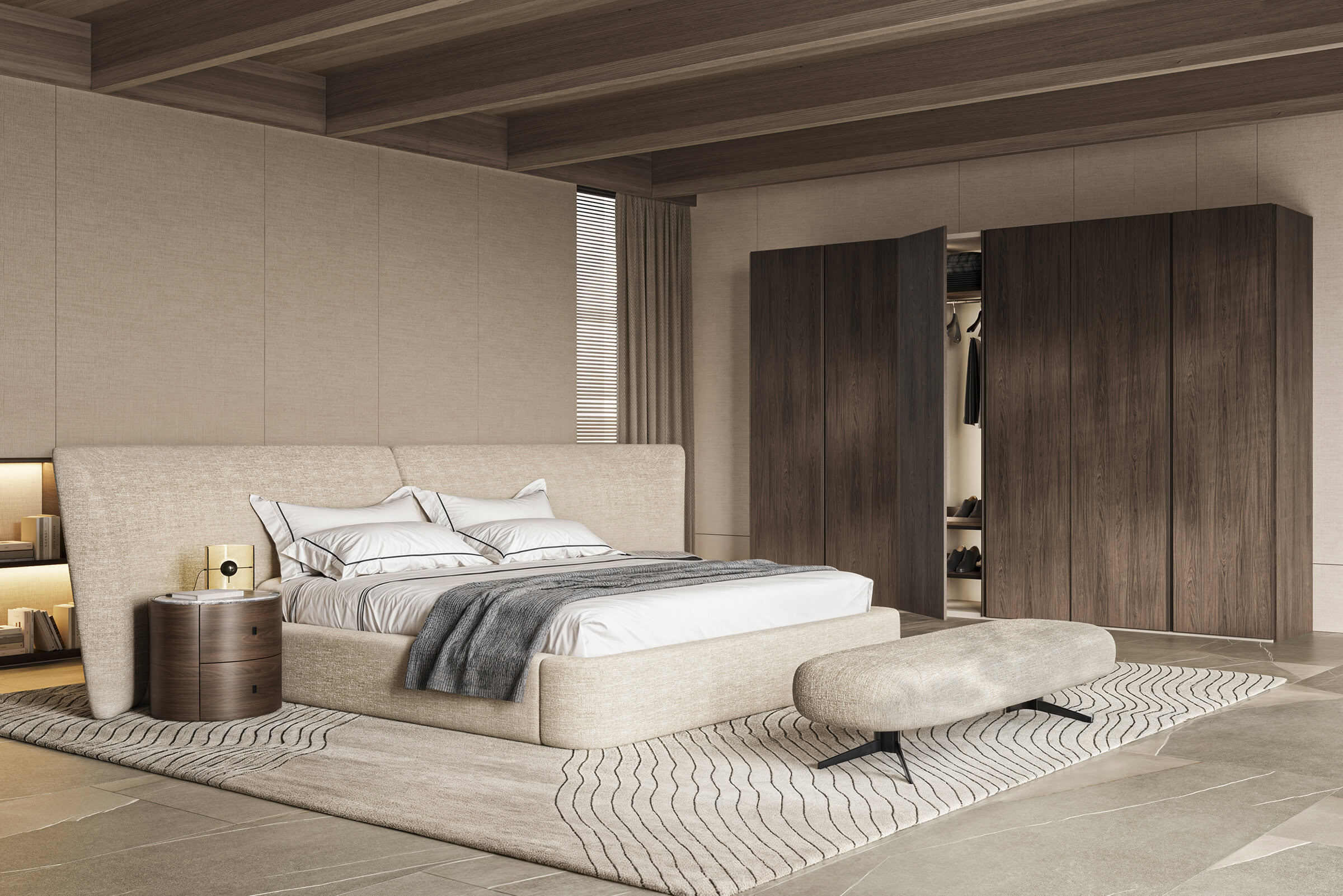 Luxurious modern bedroom featuring a beige upholstered bed with coordinated bedding, a dark wood wardrobe with sliding doors, a stylish oval bench, and contemporary decor emphasizing elegance and comfort.