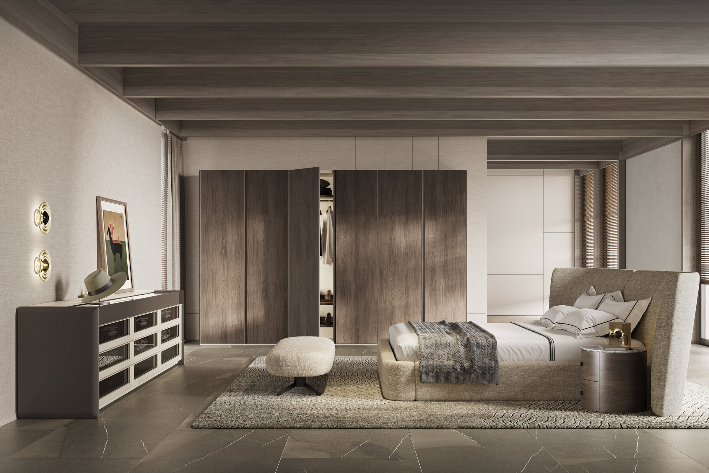 Elegant modern bedroom featuring a plush upholstered bed, contemporary side table, stylish wardrobe, and minimalist decor, perfect for stylish living and sophisticated interior design.