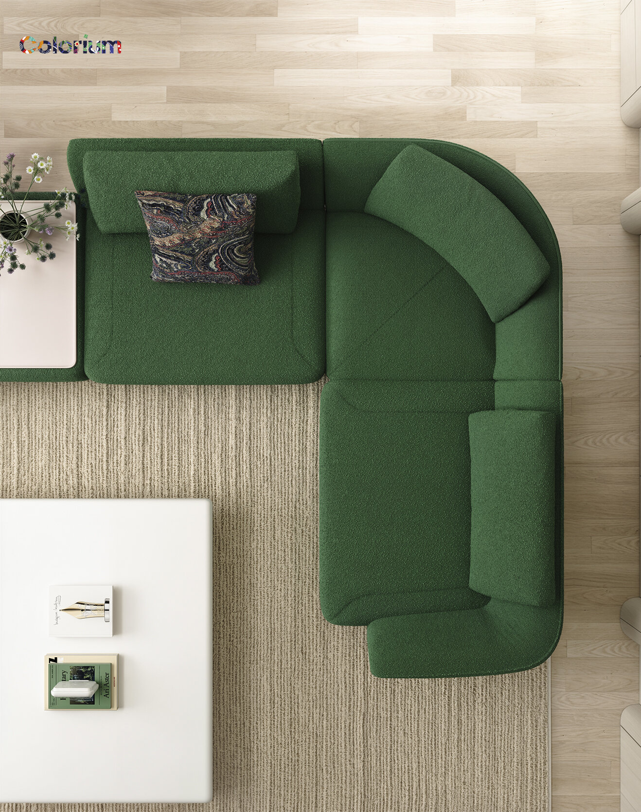 A stylish green sectional sofa with a curved design, perfect for contemporary living rooms, offering comfortable seating and a vibrant focal point.