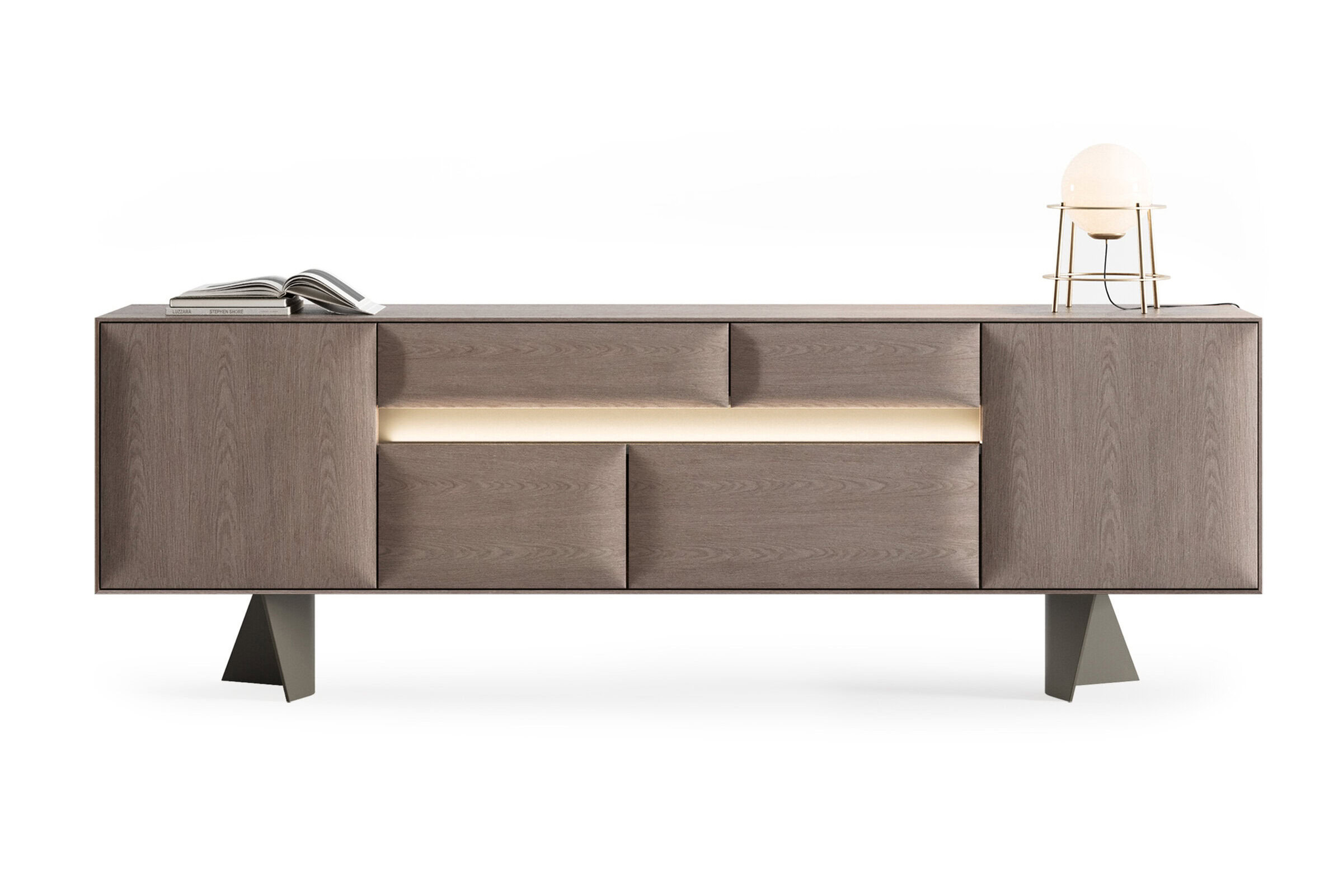 Bufet modern și elegant din lemn, cu iluminare LED, perfect pentru spațiile de locuit contemporane cu decor minimalist.