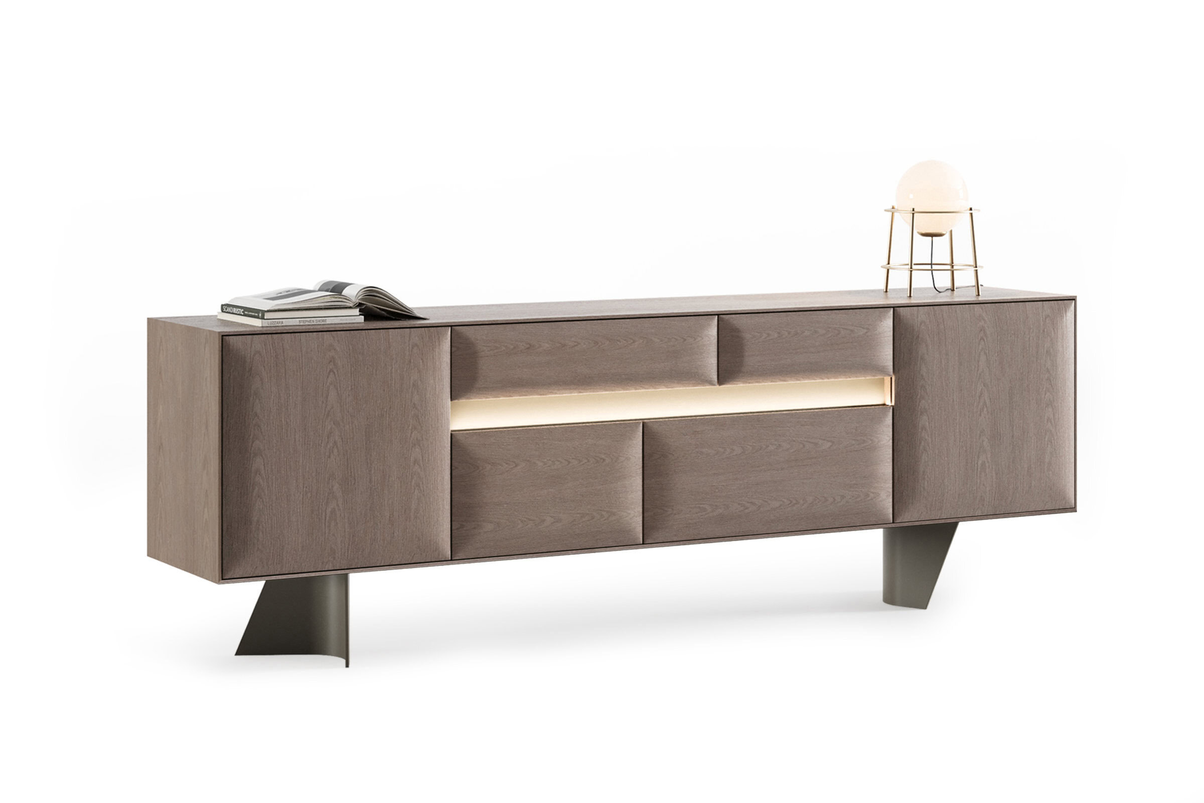 Bufet modern și elegant din lemn, cu linii curate și iluminat integrat, perfect pentru livinguri sau sufragerii contemporane.