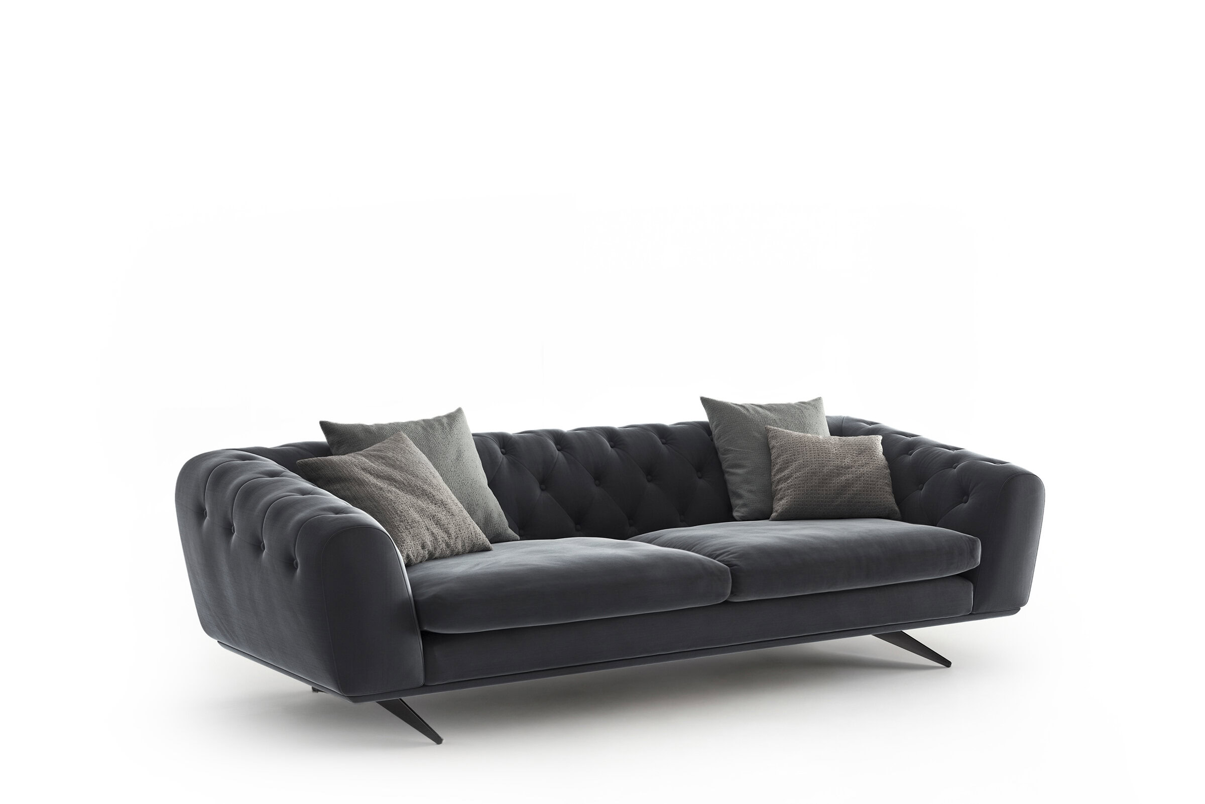 Canapea elegantă din catifea neagră, cu design capitonat și perne plușate, perfectă pentru livinguri contemporane și decor interior.