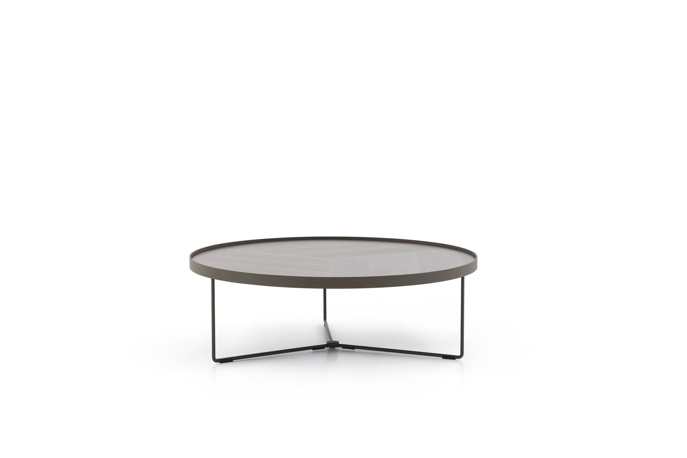 Sleek modern coffee table with a round wooden top and minimalist black metal frame, perfect for contemporary living room decor.
