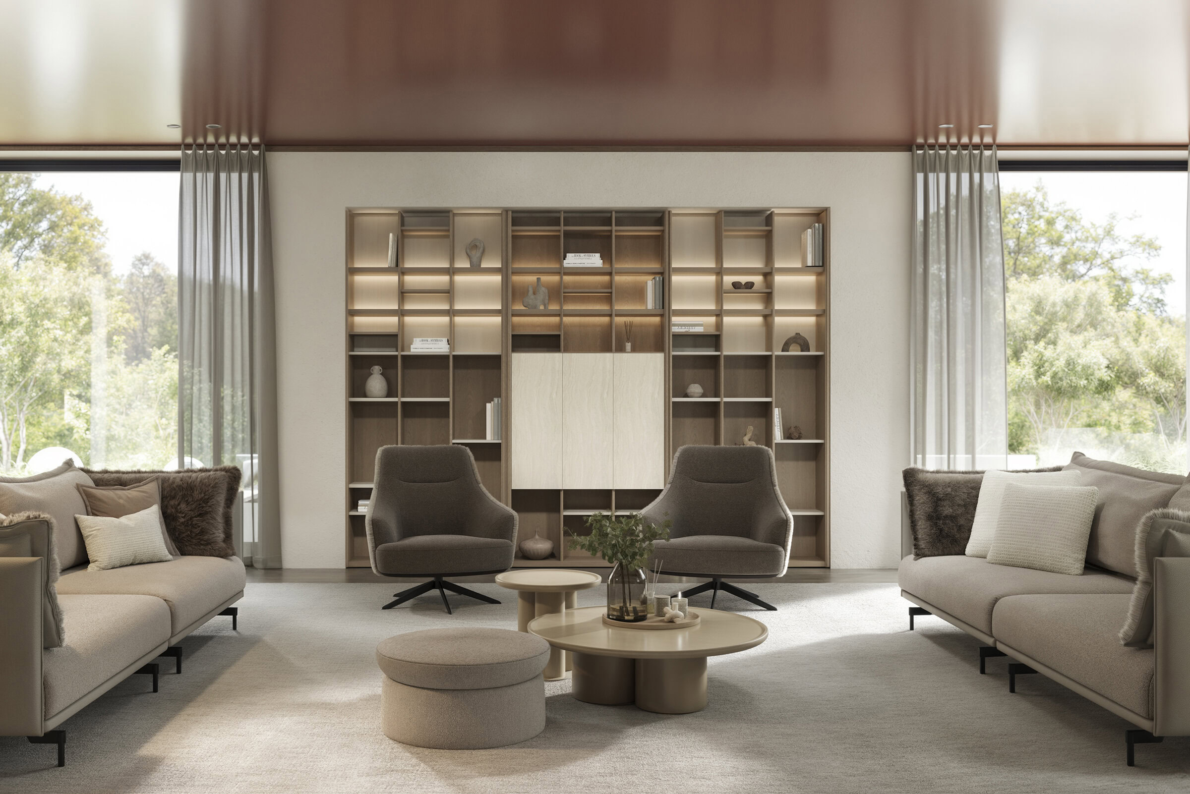 Living elegant, cu canapele moderne bej, fotolii elegante gri și o bibliotecă contemporană din lemn, cu iluminare ambientală, perfectă pentru un decor sofisticat.