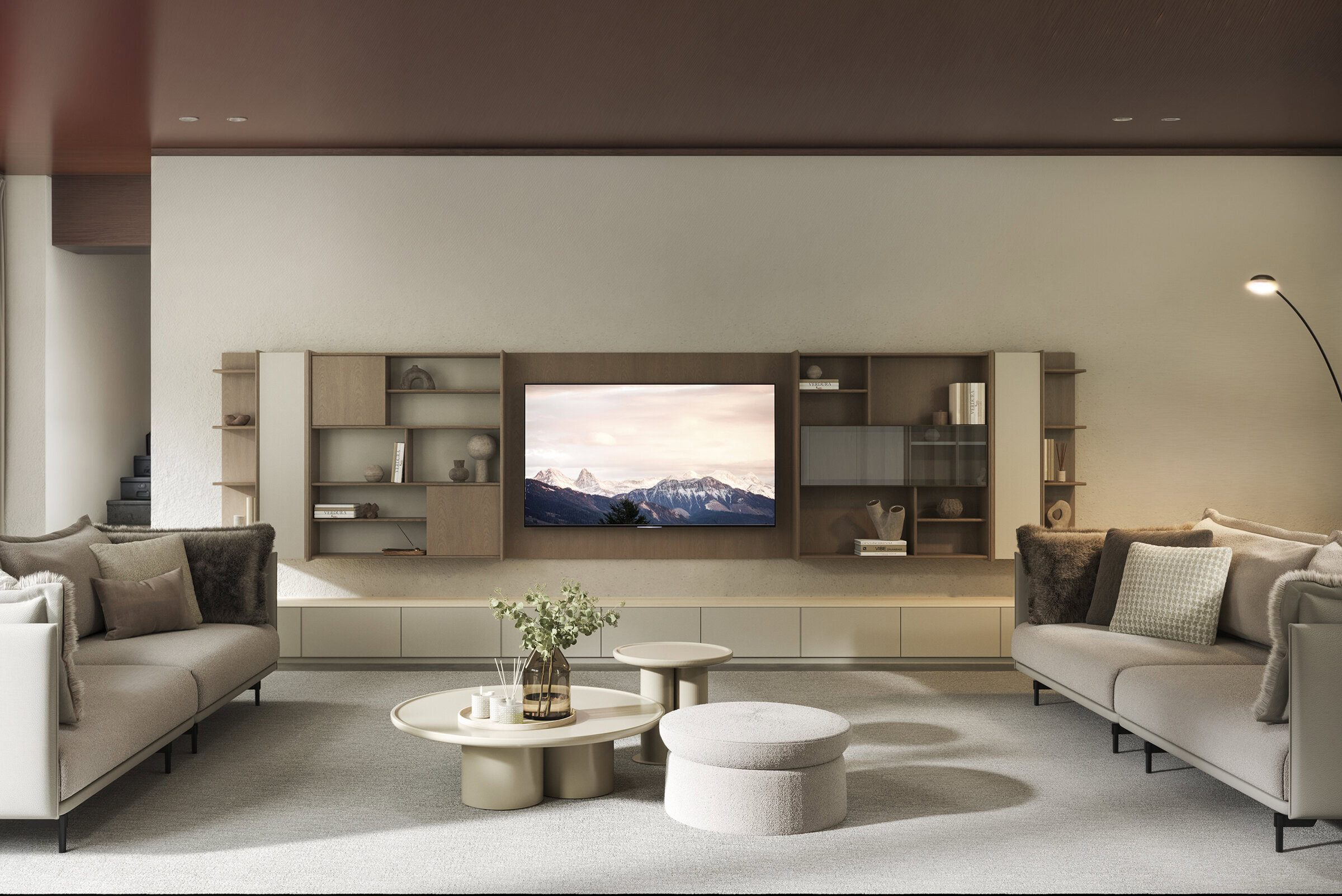 Living modern și elegant, cu unitate de divertisment minimalistă din lemn și canapele în tonuri neutre, perfect pentru decor elegant și relaxare.