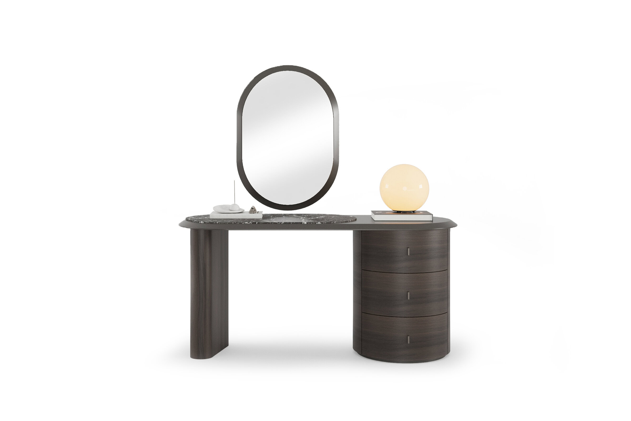 Stylish modern vanity table featuring a large oval mirror, sleek dark wood finish, and spacious drawers for makeup and accessories storage. Perfect for contemporary bedroom decor.