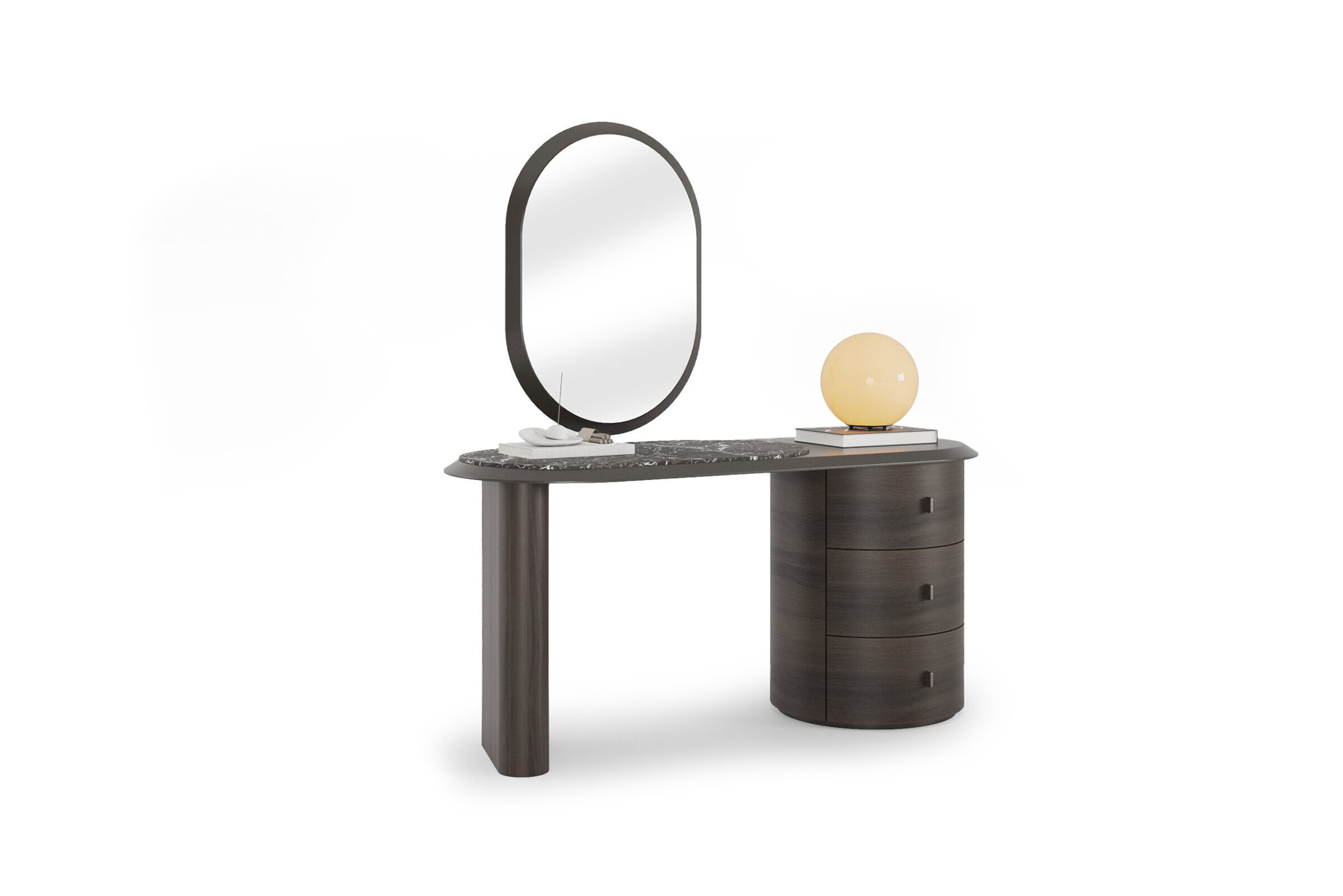 Elegant dark wood vanity table with an oval mirror, featuring a spacious drawer unit for jewelry and accessories, perfect for contemporary bedroom decor.