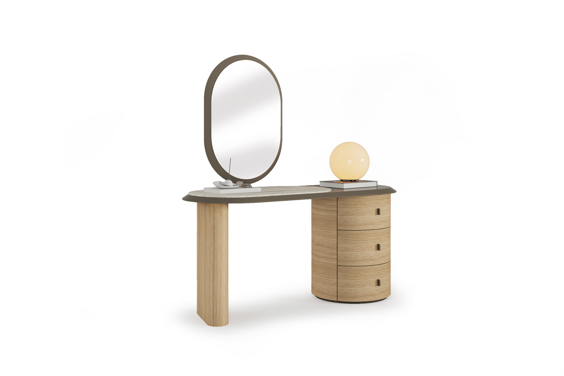 Elegant wooden vanity table with a large oval mirror, three spacious drawers, and a sleek design, perfect for bedroom decor and makeup routines.
