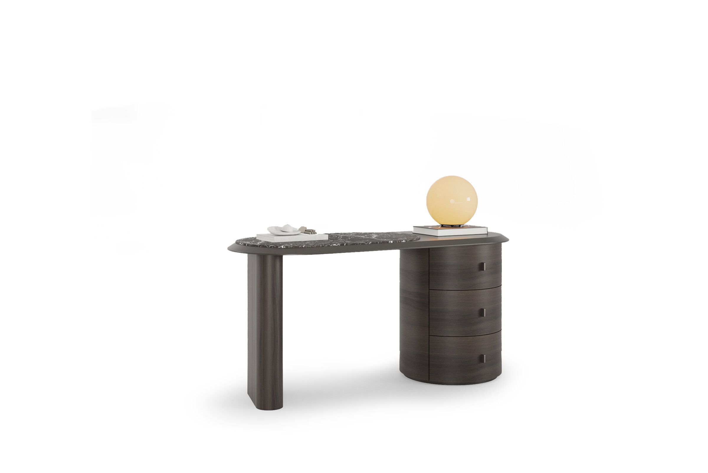 Elegant dark wood desk featuring a rounded storage cabinet on the right, ideal for stylish home or office use, showcasing high-quality craftsmanship and contemporary design.