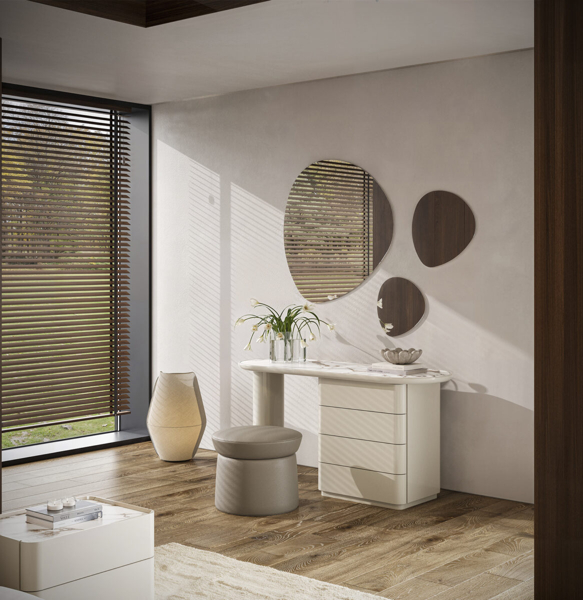 Elegant modern interior featuring a white dresser, round mirrors, and natural light from large window with wooden blinds.